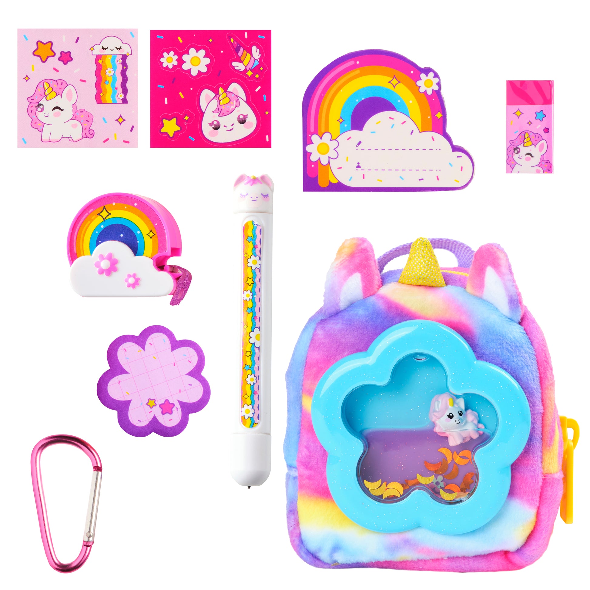 Colorful unicorn-themed stationery set including backpack, stickers, and pen on a white background