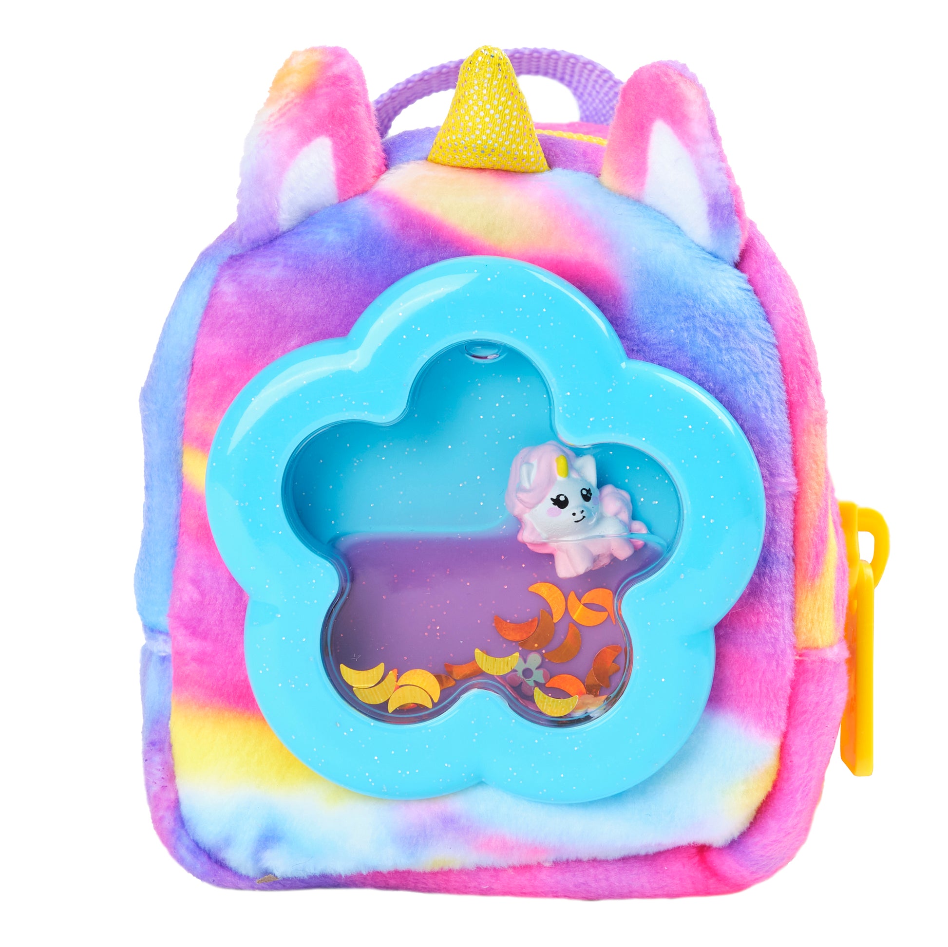 Colorful unicorn-themed backpack with a toy inside on a white background