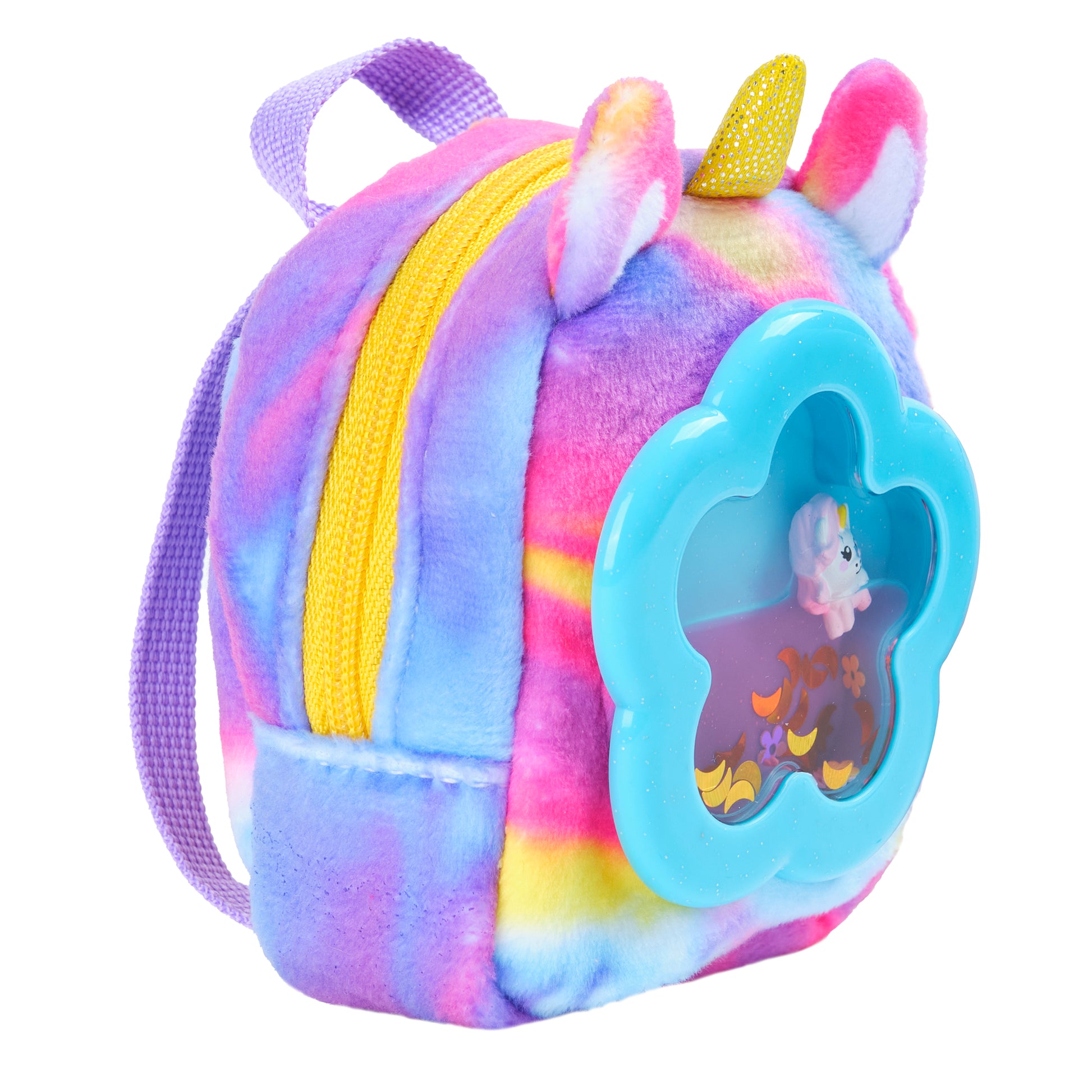 Colorful unicorn-themed backpack with a toy inside on a white background
