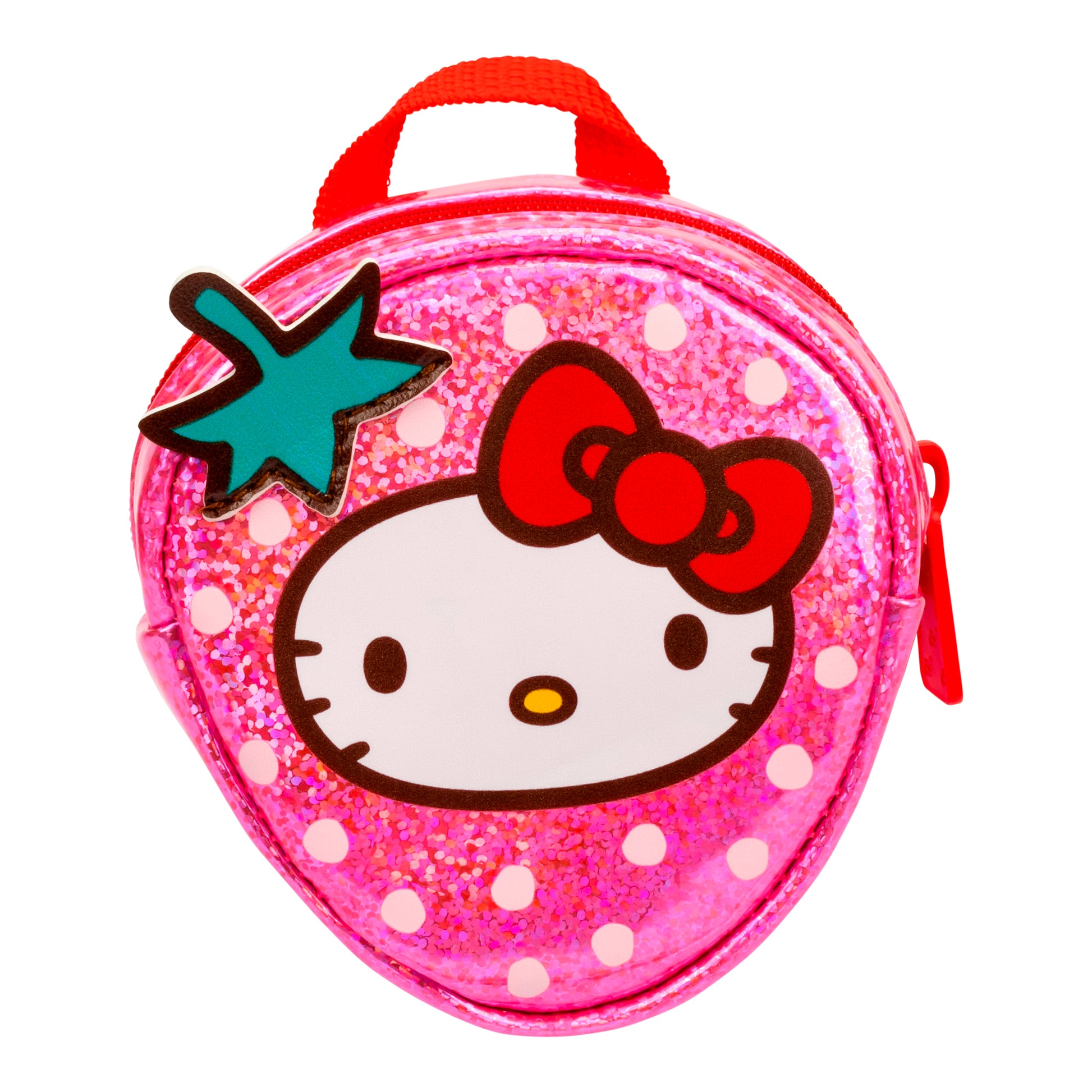 Hello Kitty-themed pink glittery lunch bag with a green star on a white background