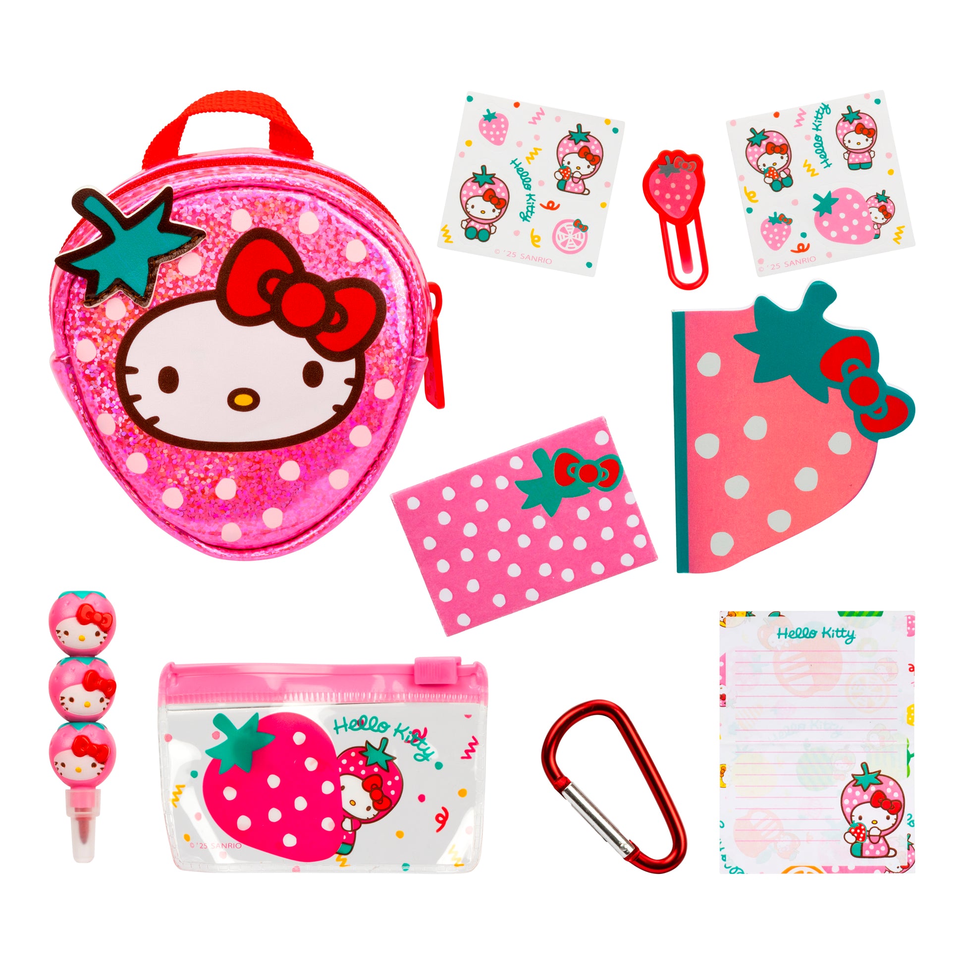 Collection of Hello Kitty-themed stationery items on a white background