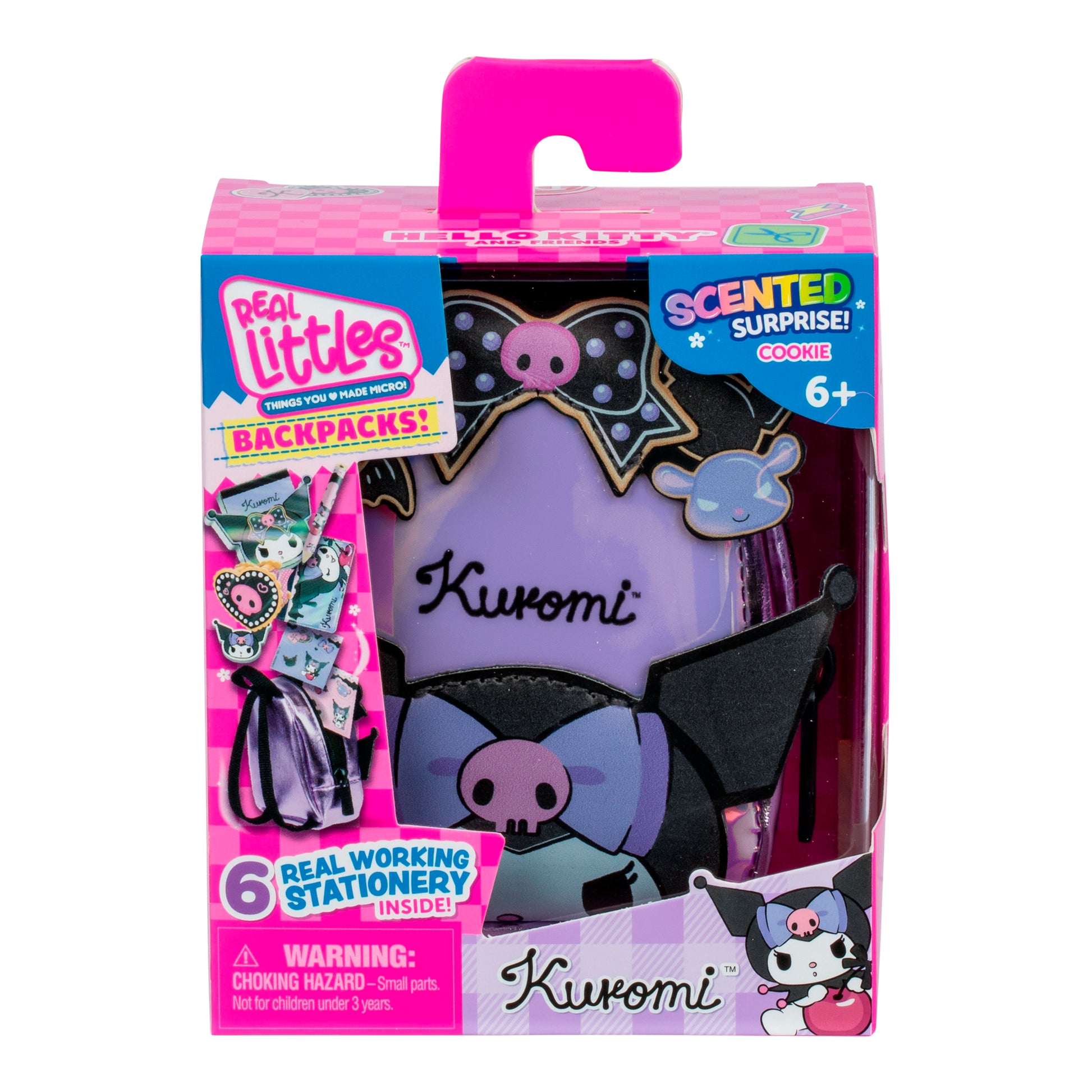 Kuromi backpack with pink and purple packaging, featuring the Real Littles brand.