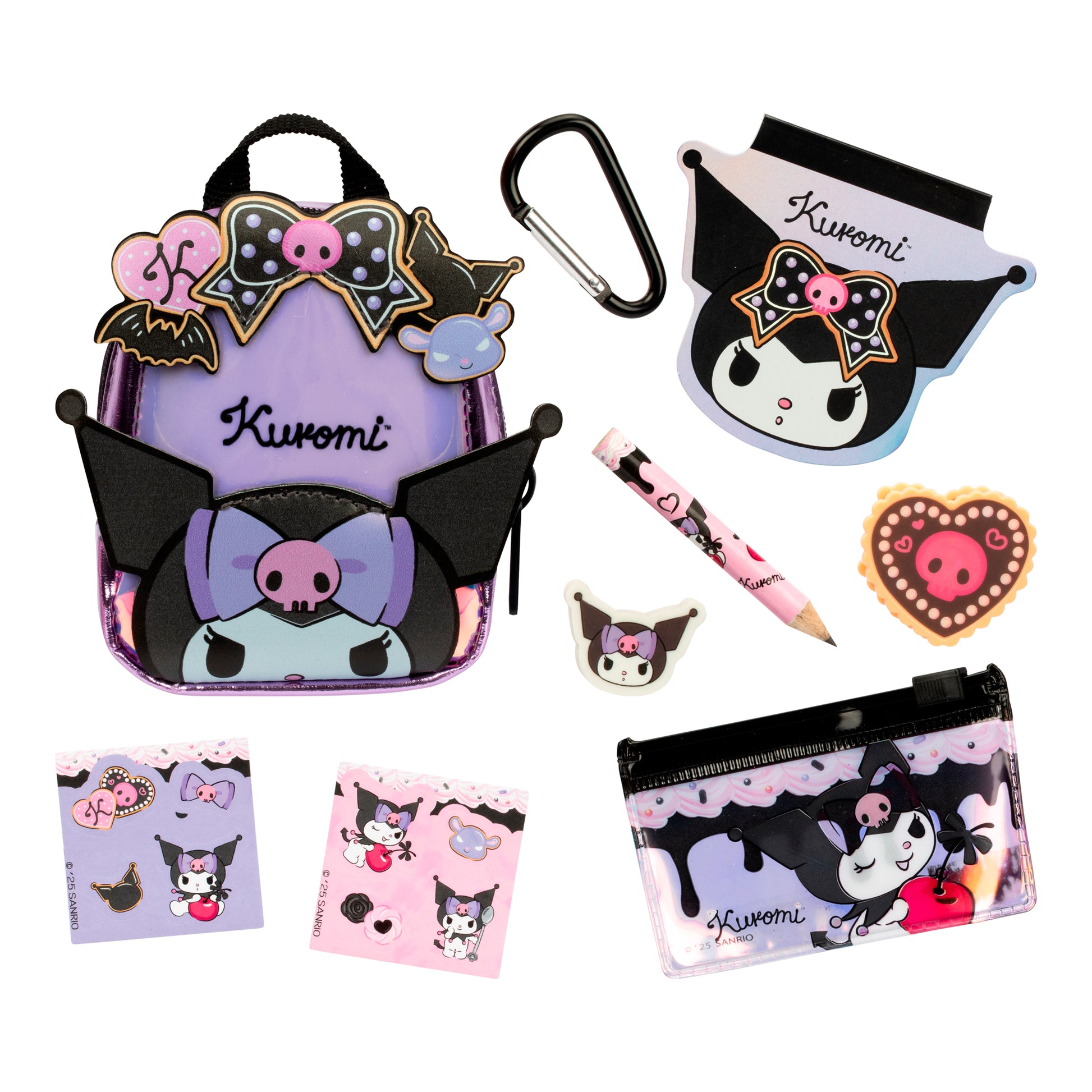 Collection of Kuromi-themed stationery items including a pouch, carabiner, pencil, and notebooks on a white background.