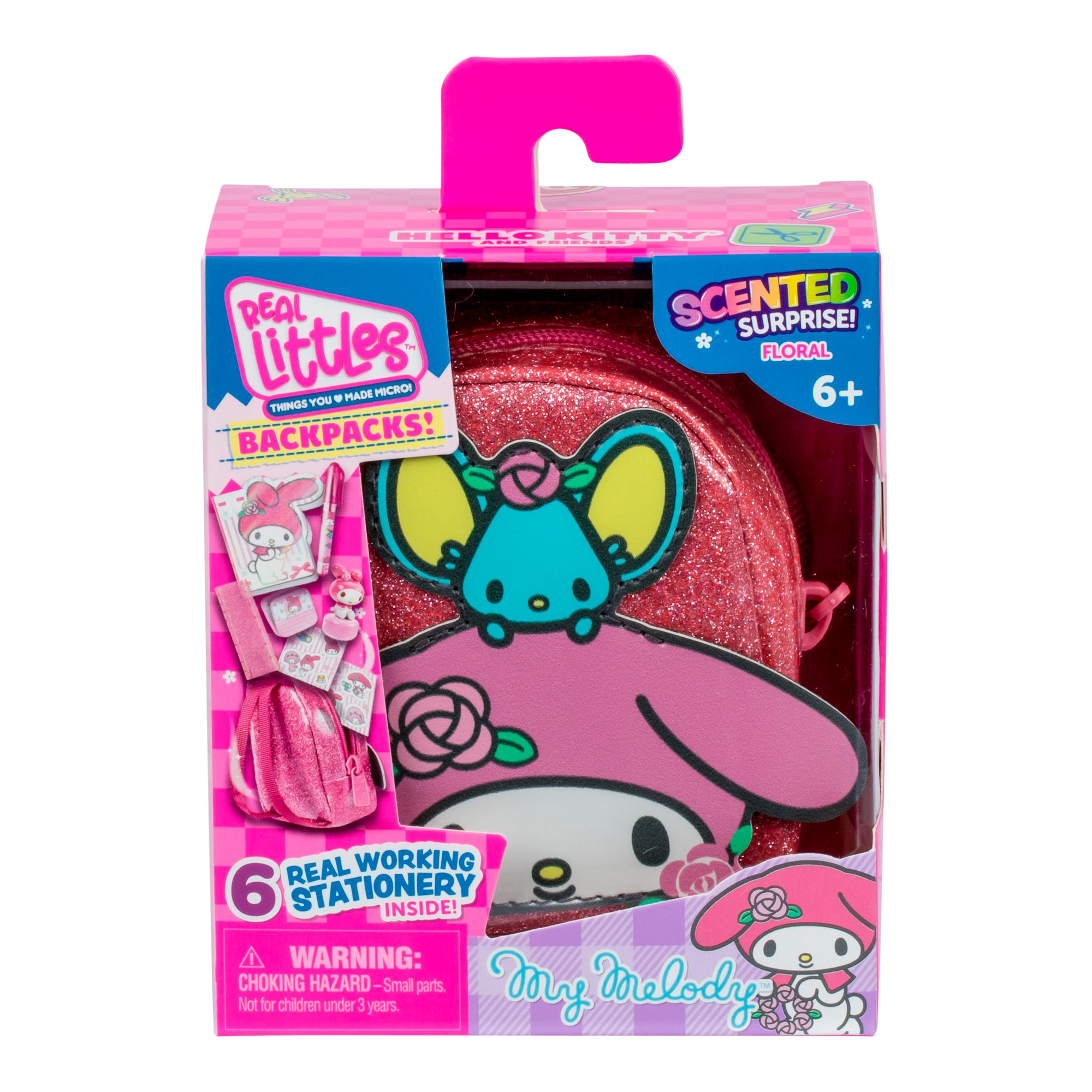 Package of a 'Real Littles' backpack with character design on a white background