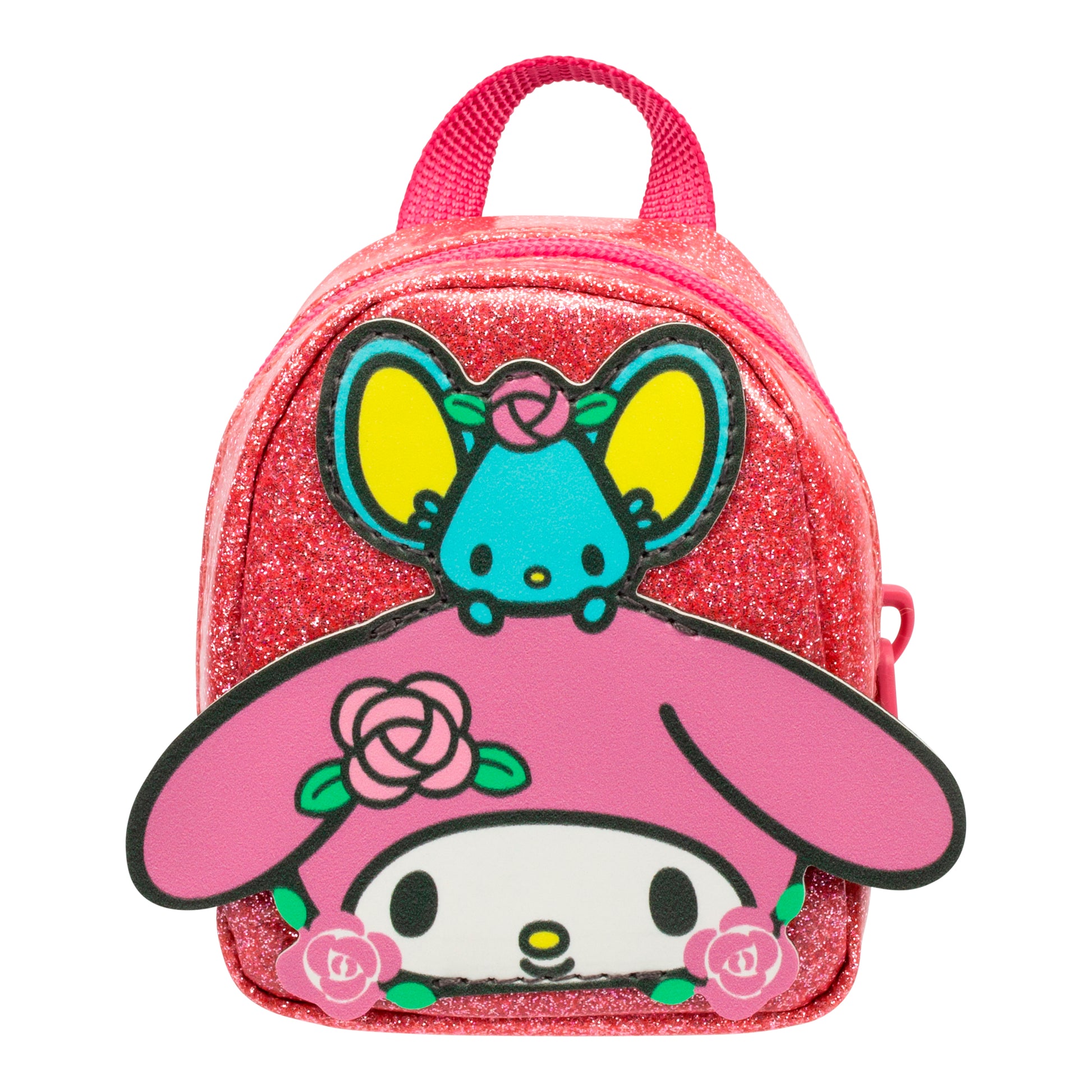Pink glittery backpack with cartoon character design on a white background