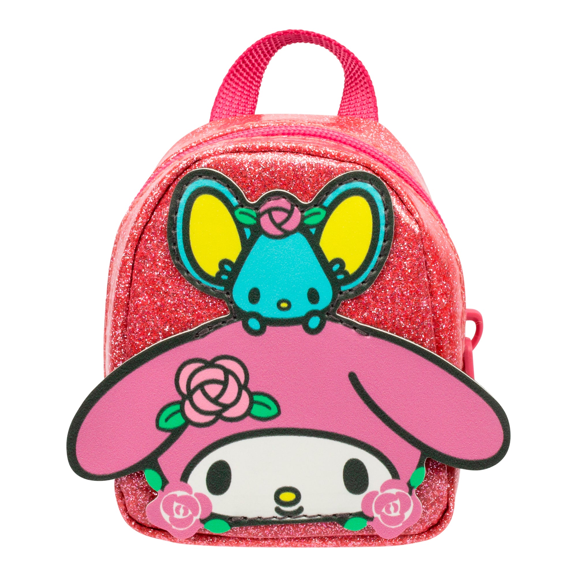 Pink glittery backpack with cartoon character design on a white background