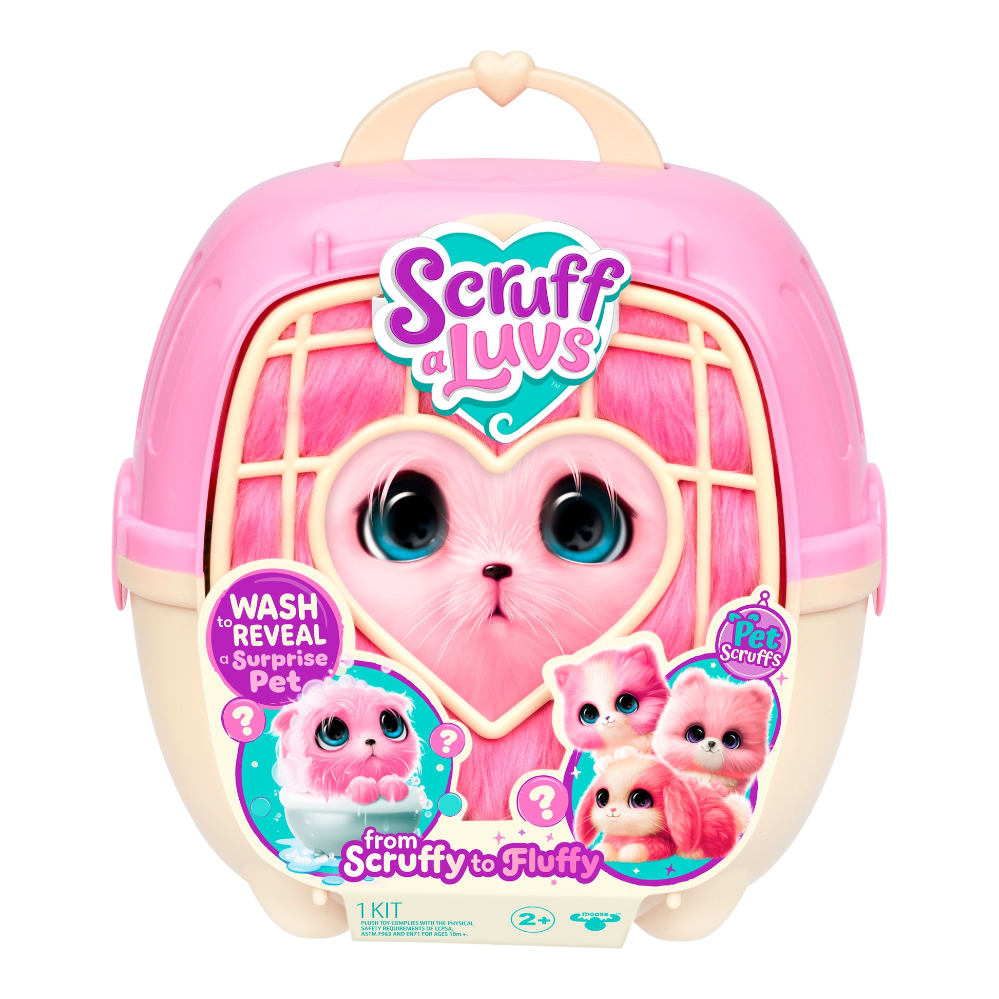 The Scruff-a-Luvs Pet Scruff Playset comes in a pink and white pet carrier with a plush pink animal inside. The packaging shows cartoon pets and phrases like “Scruff-a-Luvs,” “Wash to reveal a surprise pet,” and “From Scruffy to Fluffy.”.