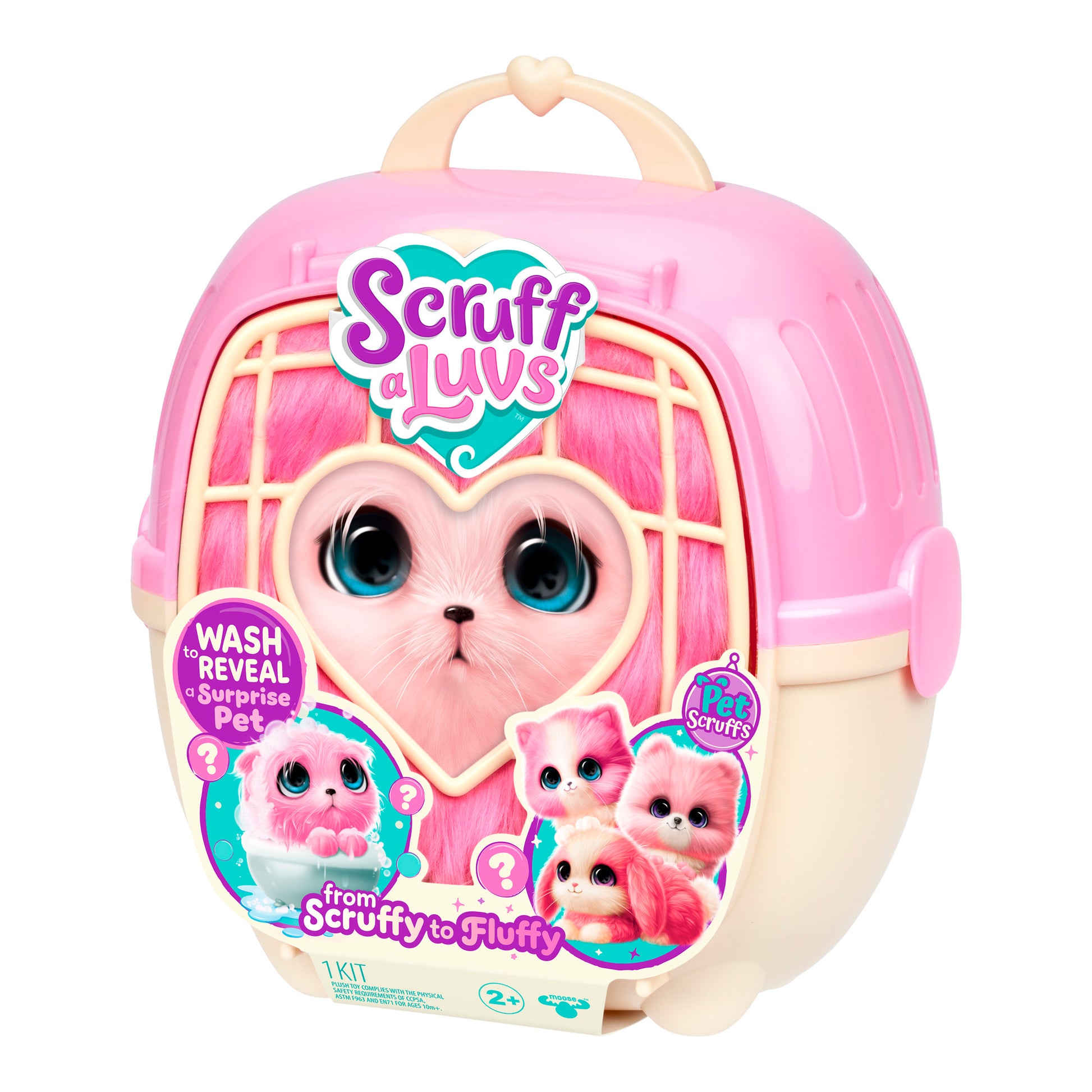 The Scruff-a-Luvs Pet Scruff Playset is a pink and cream toy pet carrier with a heart-shaped window displaying a plush pink animal. The packaging includes playful graphics and text about washing to reveal your surprise pet.