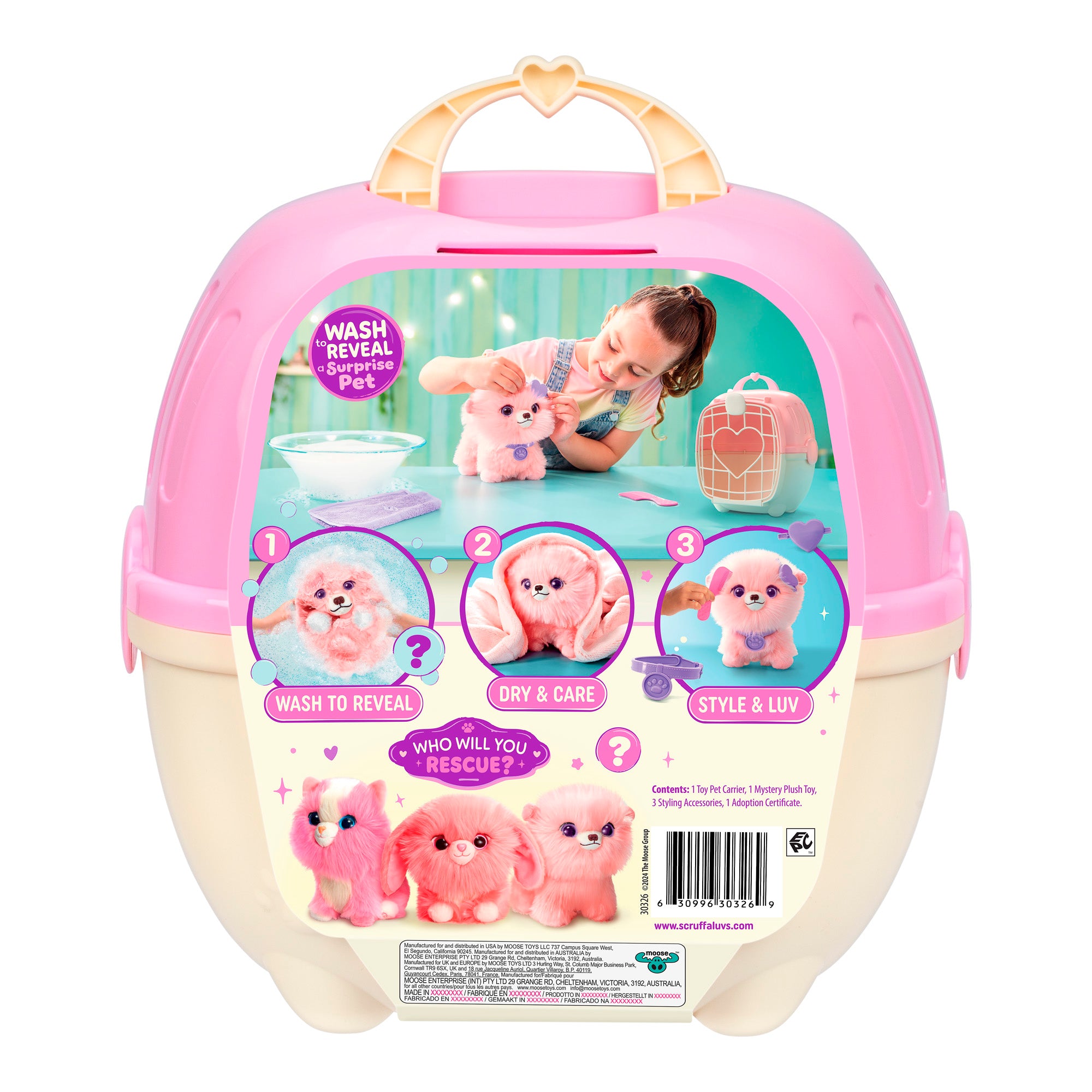 The image shows the back of a pink and cream Scruff-a-Luvs Pet Scruff Playset carrier with instructions and photos. A girl washes a plush pet, following steps: Wash to reveal, Dry & Care, and Style & Luv.