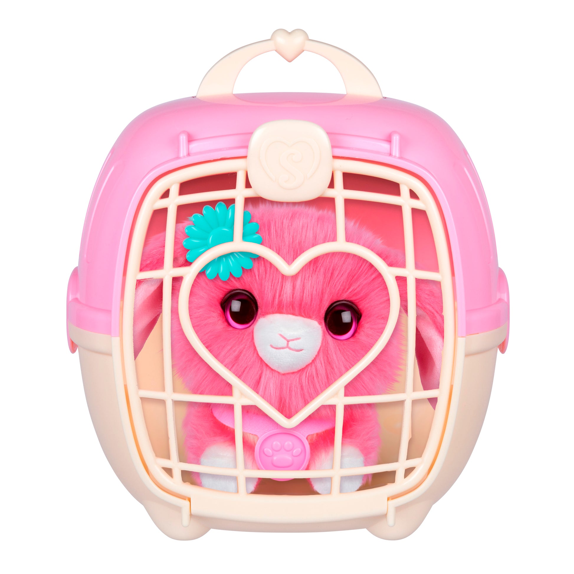 The Scruff-a-Luvs Pet Scruff Playset features a pink and cream pet carrier with a heart-shaped window, holding a plush pink bunny with big eyes and a teal flower on its head inside.