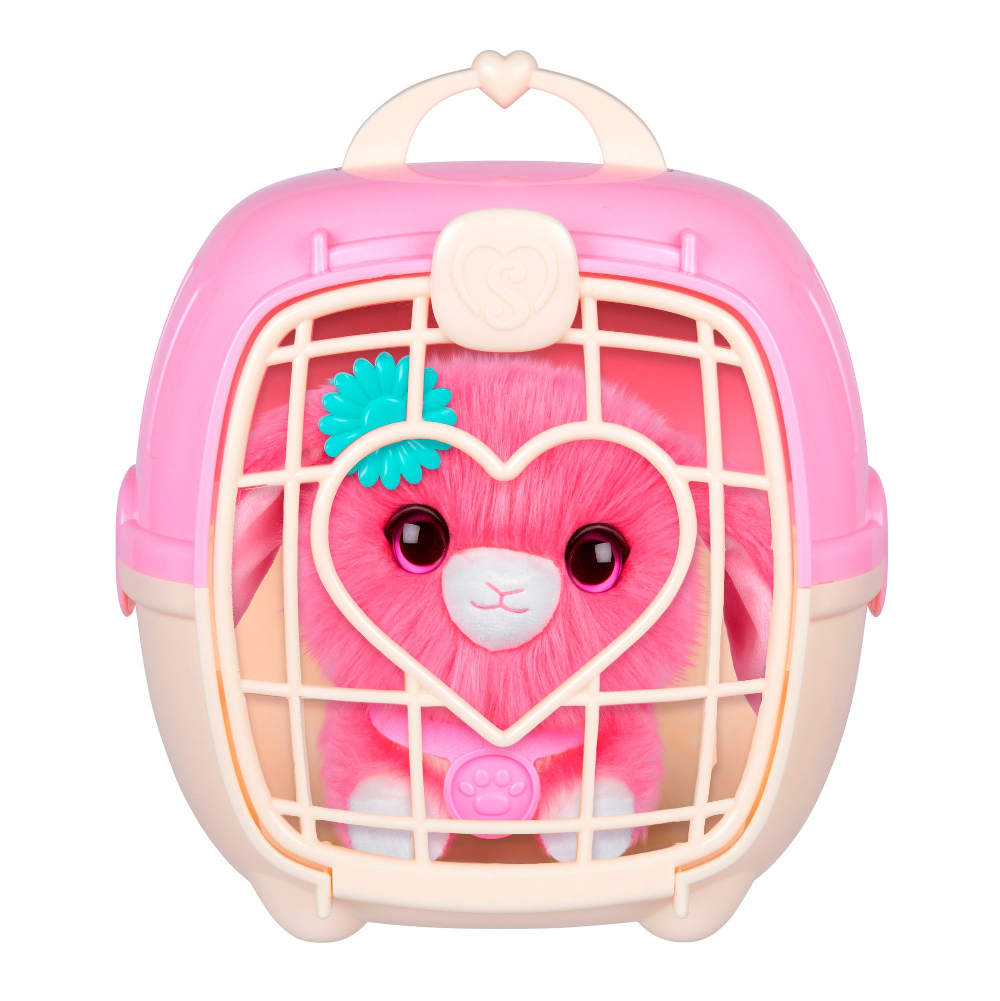 The Scruff-a-Luvs Pet Scruff Playset features a pink and cream pet carrier with a heart-shaped window, holding a plush pink bunny with big eyes and a teal flower on its head inside.