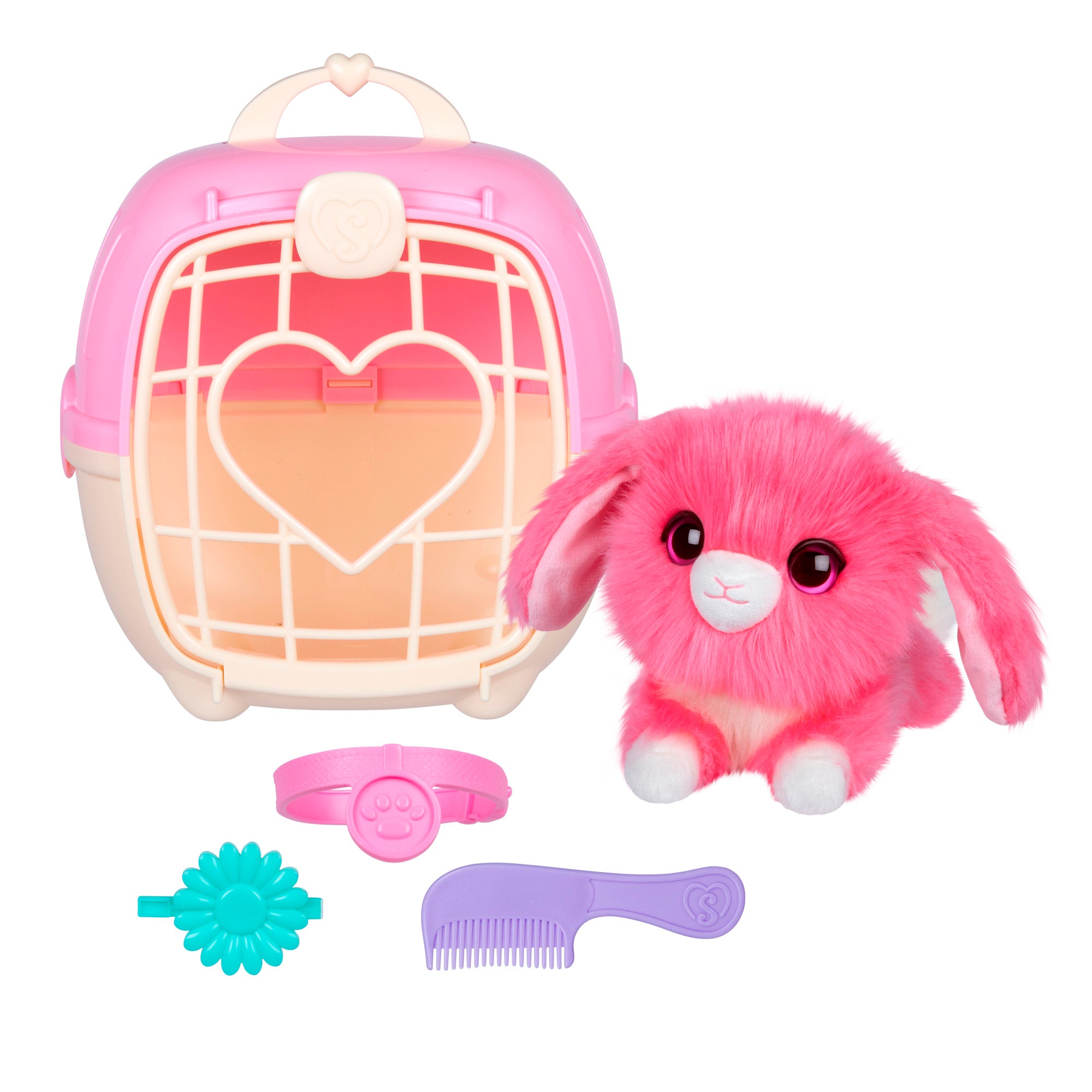 The Scruff-a-Luvs Pet Scruff Playset includes a pink and white pet carrier with a heart-shaped window, a plush pink bunny, a purple comb, a blue flower-shaped hair clip, and a pink collar with a paw print.