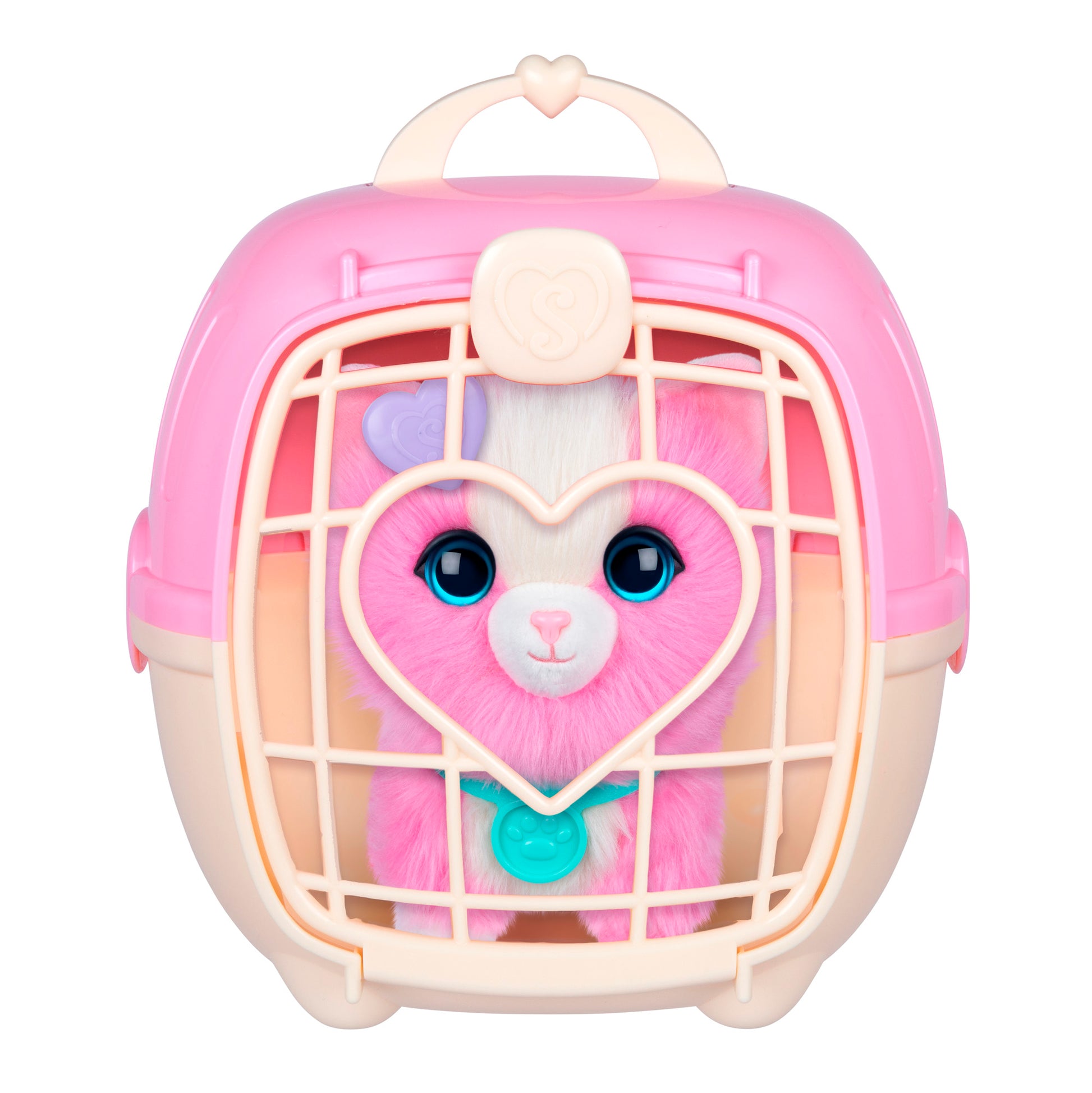 The Scruff-a-Luvs Pet Scruff Playset features a pink and cream toy pet carrier with a heart-shaped window showing a plush pink and white animal inside, complete with blue eyes and a teal collar.