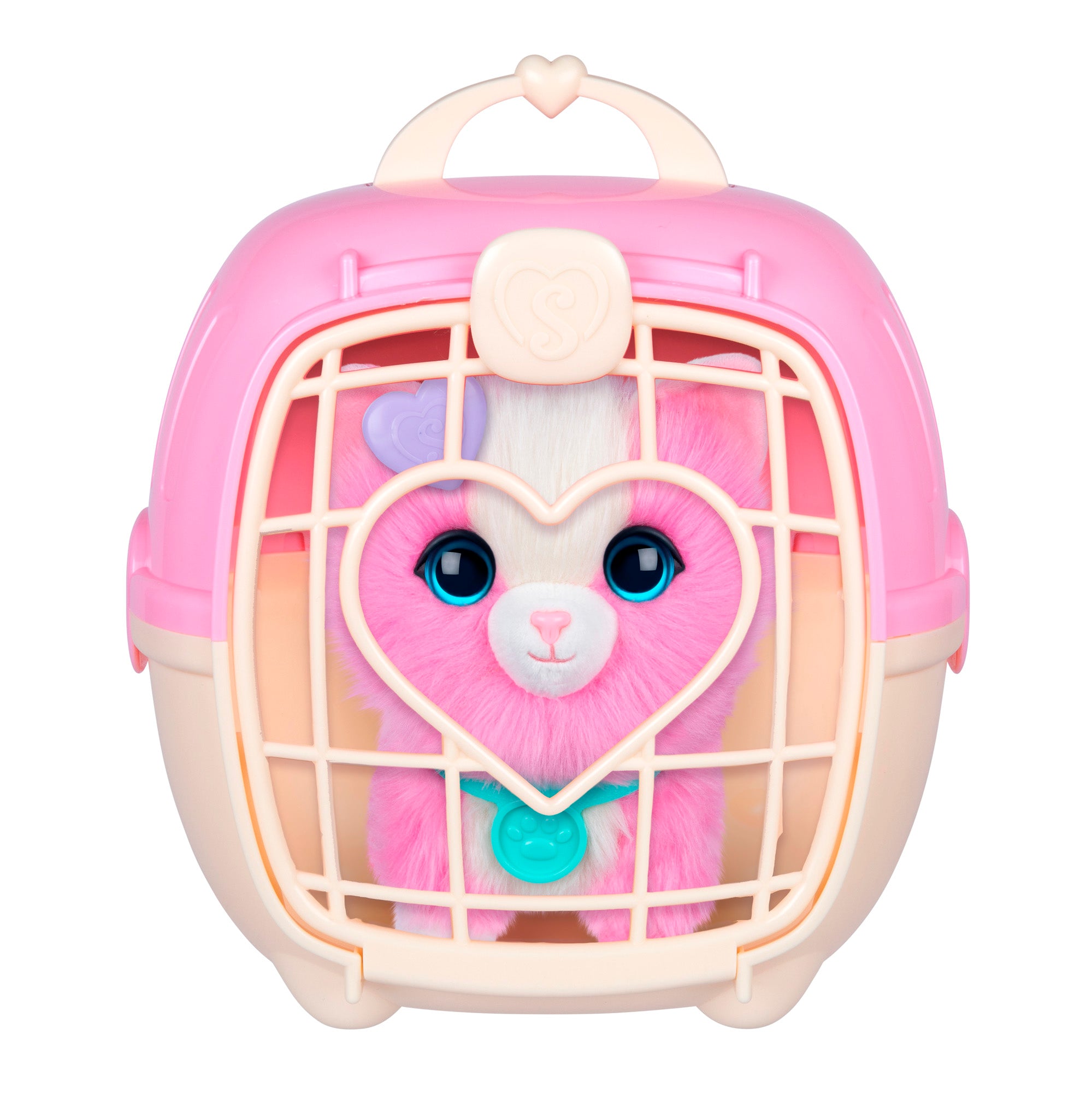 The Scruff-a-Luvs Pet Scruff Playset features a pink and cream toy pet carrier with a heart-shaped window showing a plush pink and white animal inside, complete with blue eyes and a teal collar.