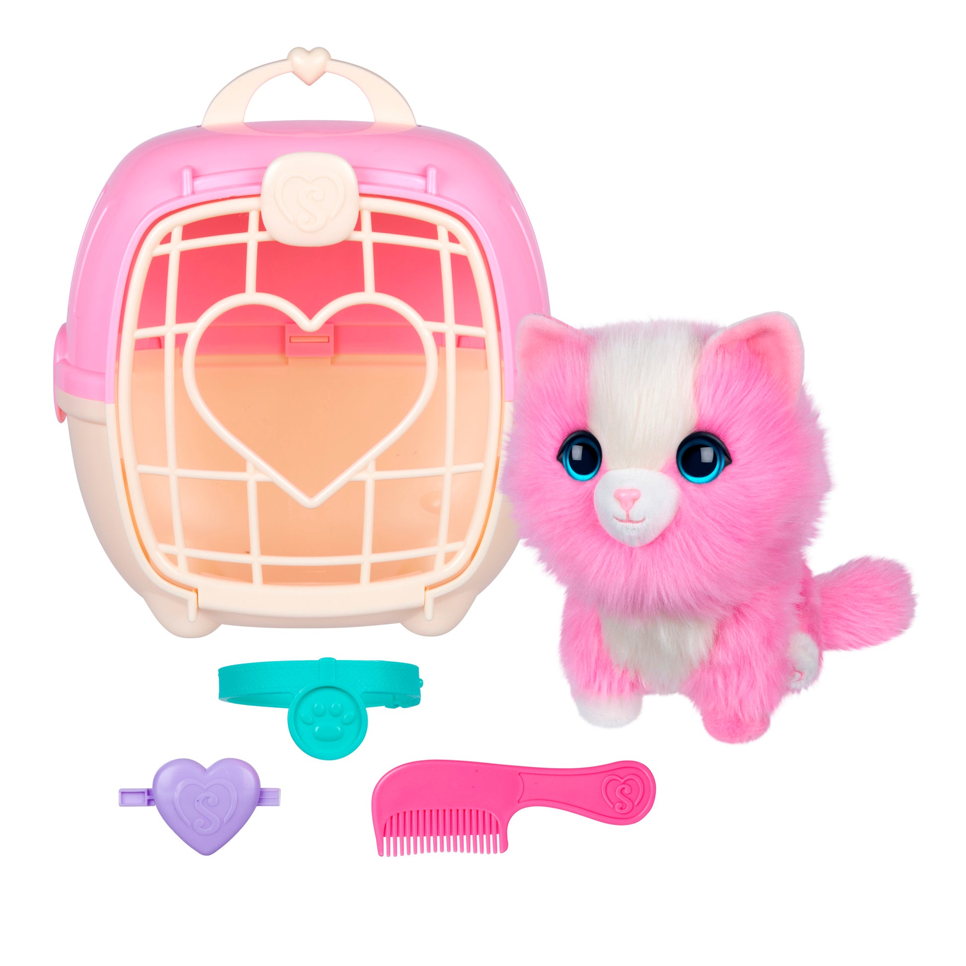The Scruff-a-Luvs Pet Scruff Playset includes a pink and white kitten with blue eyes, a pink and cream pet carrier, a pink comb, a teal collar, and a purple heart-shaped accessory.