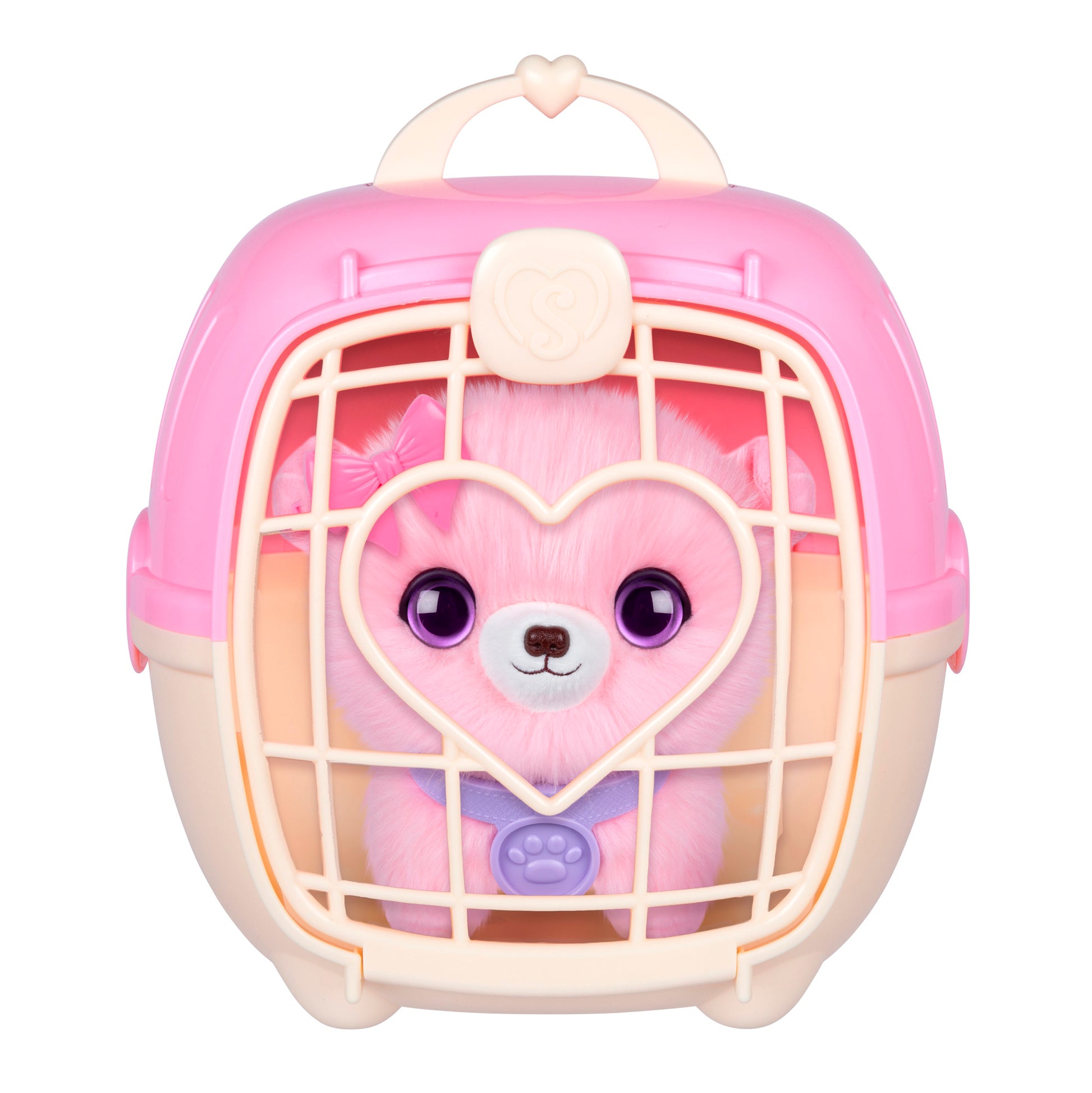 The Scruff-a-Luvs Pet Scruff Playset features a plush pink dog with big purple eyes in a pink and cream carrier, complete with heart-shaped door design and handle.