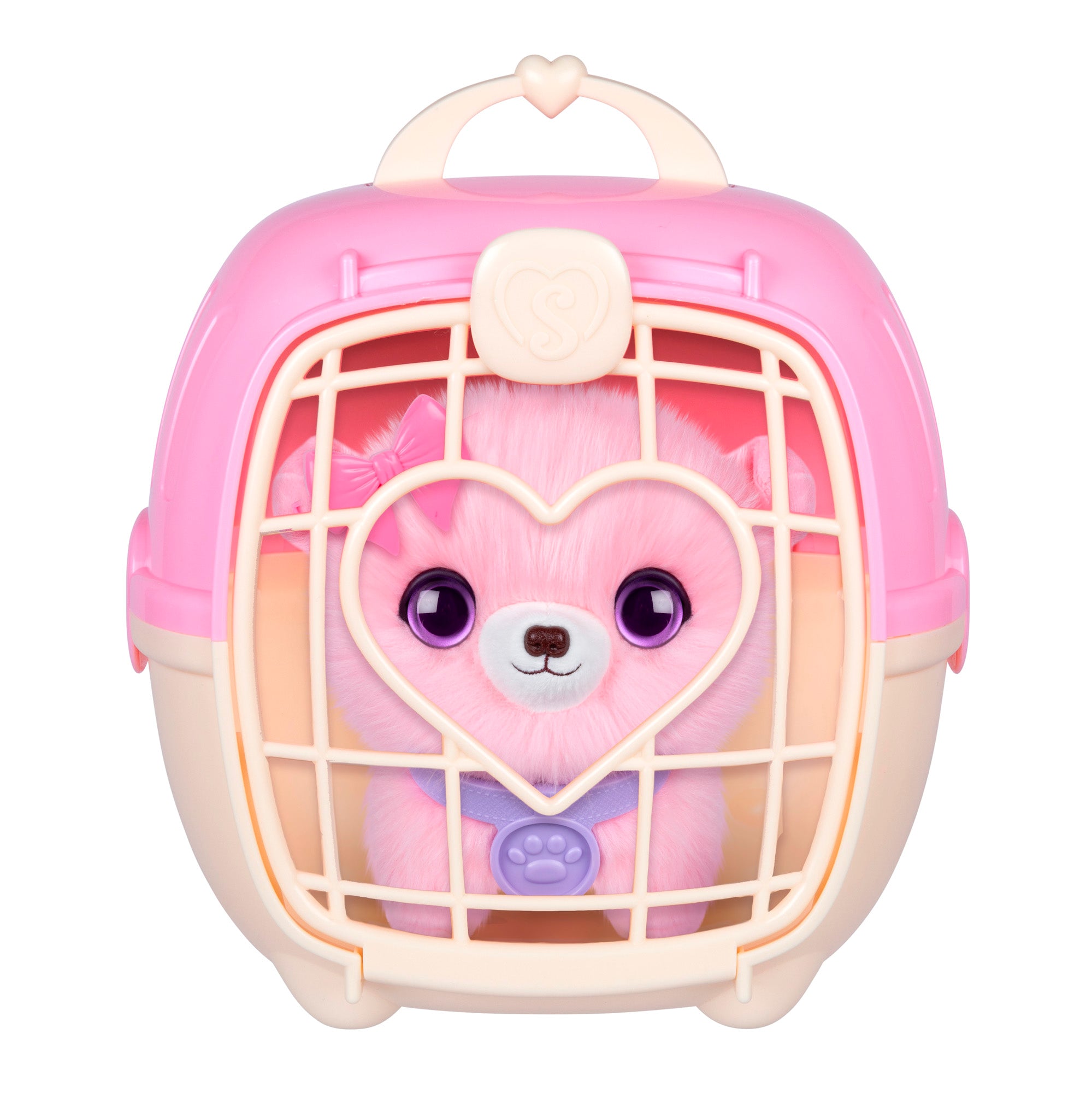 The Scruff-a-Luvs Pet Scruff Playset features a plush pink dog with big purple eyes in a pink and cream carrier, complete with heart-shaped door design and handle.