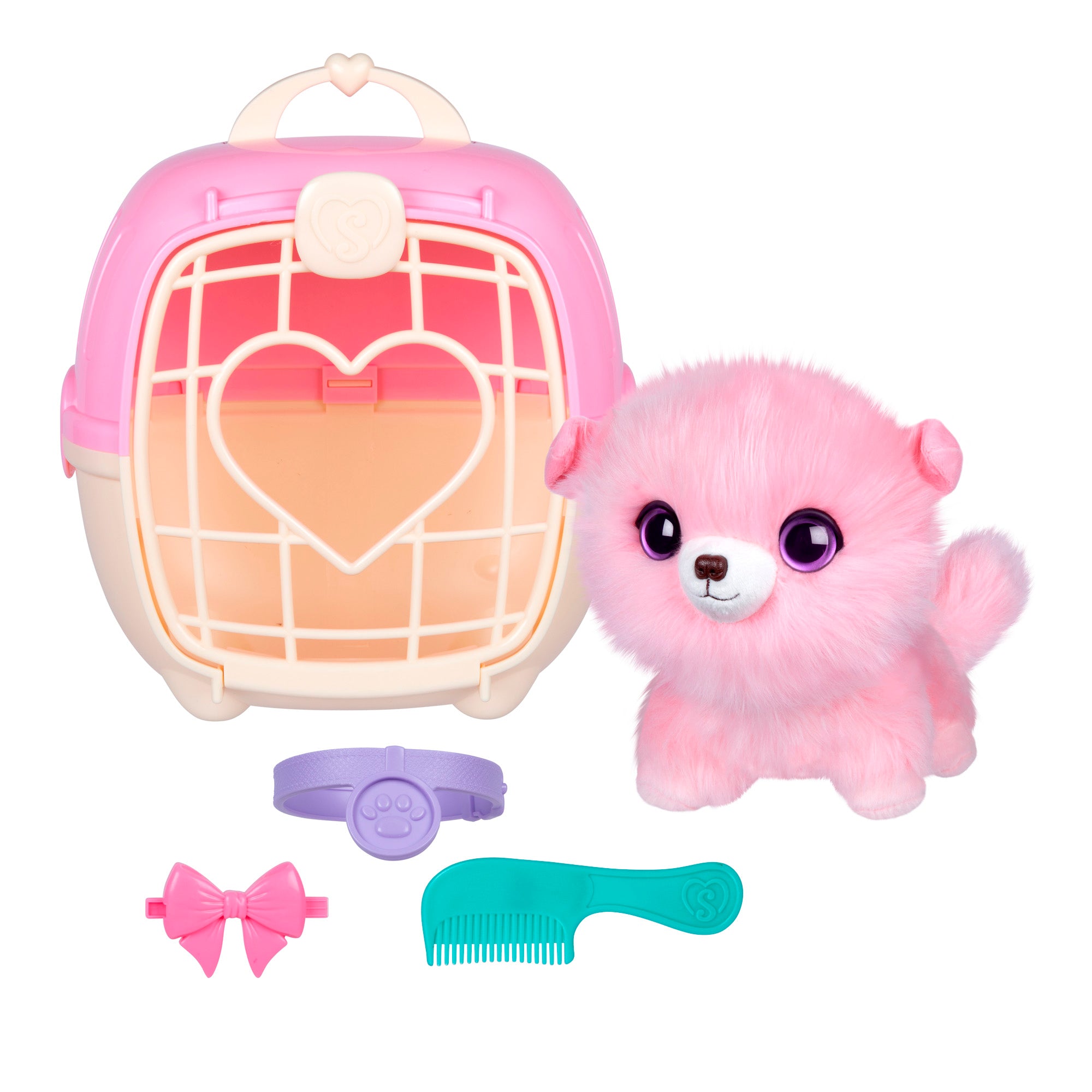 The Scruff-a-Luvs Pet Scruff Playset includes a pink plush puppy with big purple eyes, a matching pink and cream pet carrier, plus a purple collar, pink bow, and teal comb—perfectly displayed on a white background.