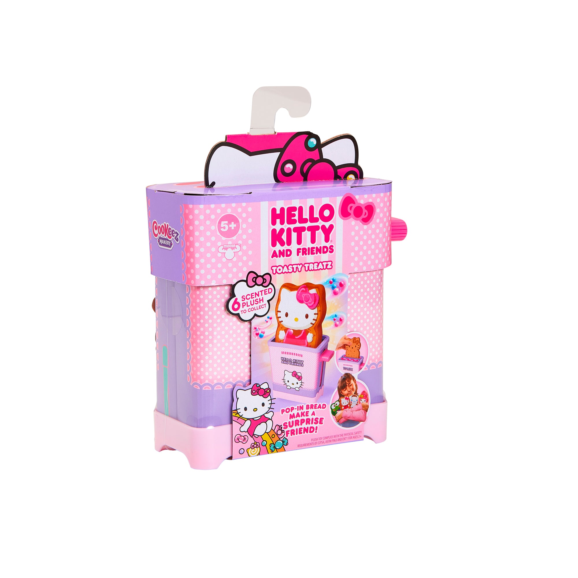 The Cookeez Makery Hello Kitty & Friends Toasty Treatz is a scented surprise toy in pink and purple packaging with Hello Kitty graphics, ages 5+, and images of the toy and kids playing.