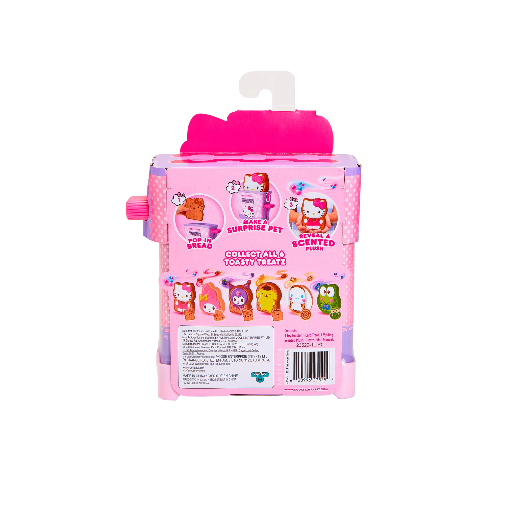 The Cookeez Makery Hello Kitty & Friends Toasty Treatz toy comes in pink and purple packaging with cartoon animal characters and text highlighting a scented surprise inside, plus images of colorful, collectible toast-shaped animal toys.