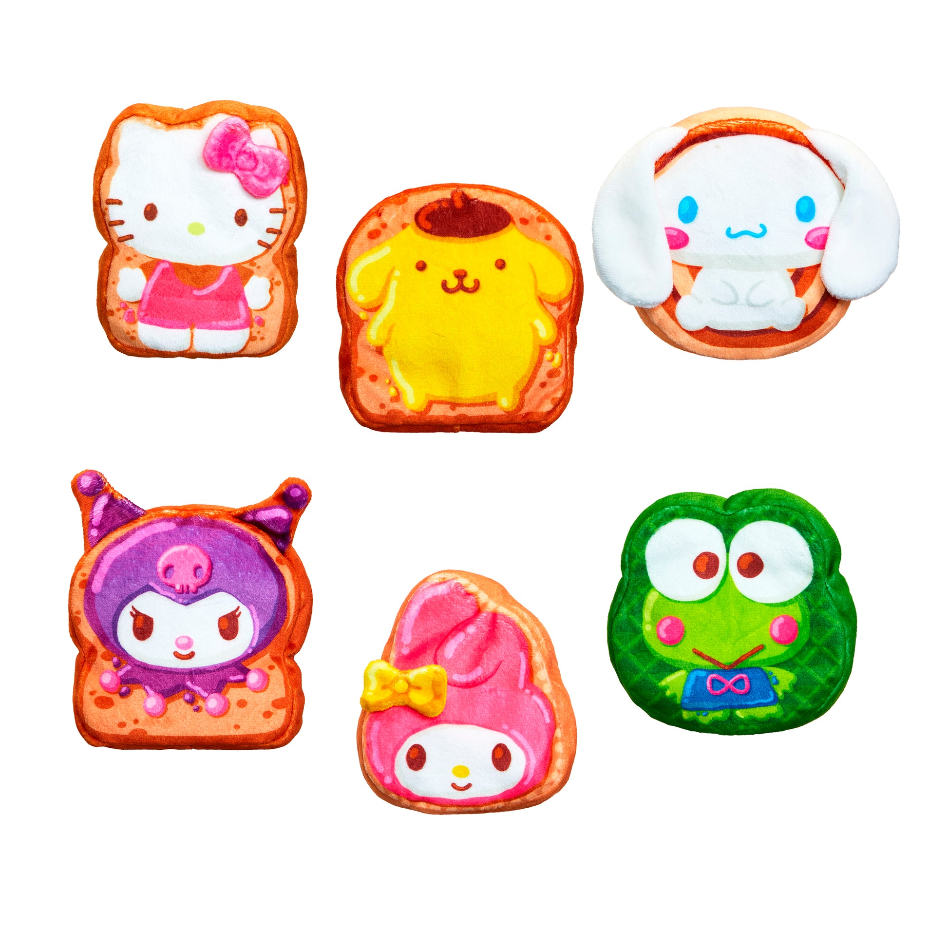 Six colorful Cookeez Makery Hello Kitty & Friends Toasty Treatz cookies shaped like popular Sanrio characters—Hello Kitty, Cinnamoroll, Pompompurin, Kuromi, My Melody, and Keroppi—perfect for any Sanrio plush collector’s display.