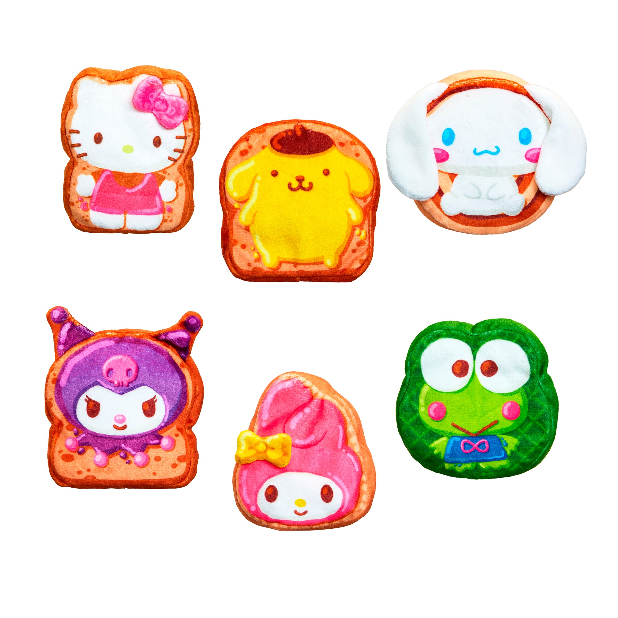 Six colorful Cookeez Makery Hello Kitty & Friends Toasty Treatz cookies shaped like popular Sanrio characters—Hello Kitty, Cinnamoroll, Pompompurin, Kuromi, My Melody, and Keroppi—perfect for any Sanrio plush collector’s display.