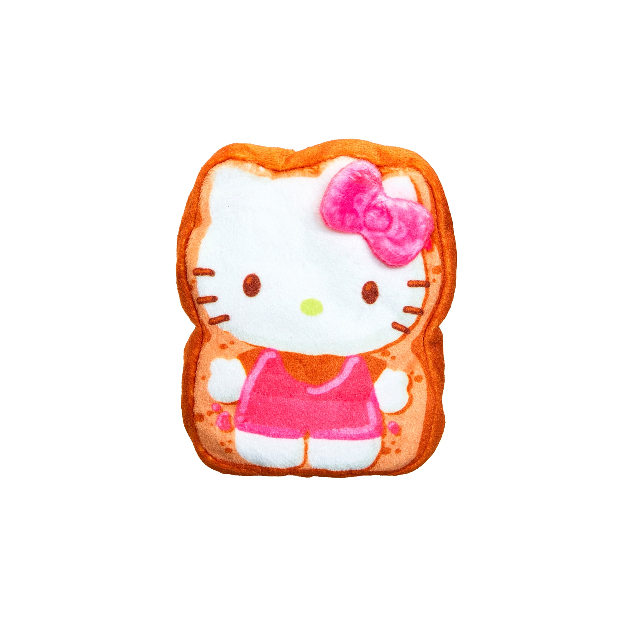 A Cookeez Makery Hello Kitty & Friends Toasty Treatz plush toy featuring a cartoon cat with a white face, pink bow, pink outfit, and orange outline, resembling Hello Kitty, shown on a white background.