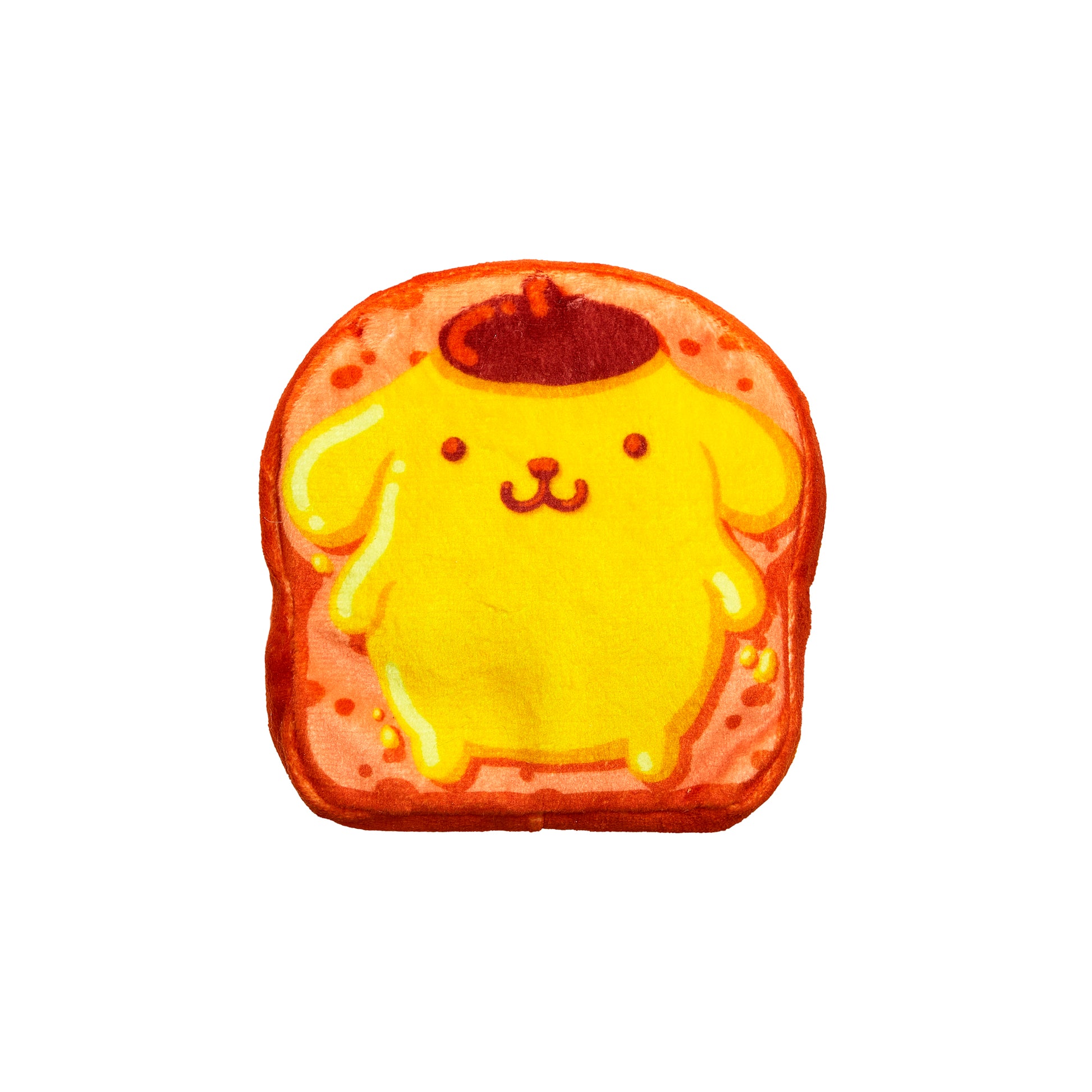 Enjoy a cute Cookeez Makery Hello Kitty & Friends Toasty Treatz featuring a yellow cartoon dog with floppy ears, shaped like toast and sporting a brown beret, lying on pink-spread bread—a fun Sanrio-inspired breakfast plush.