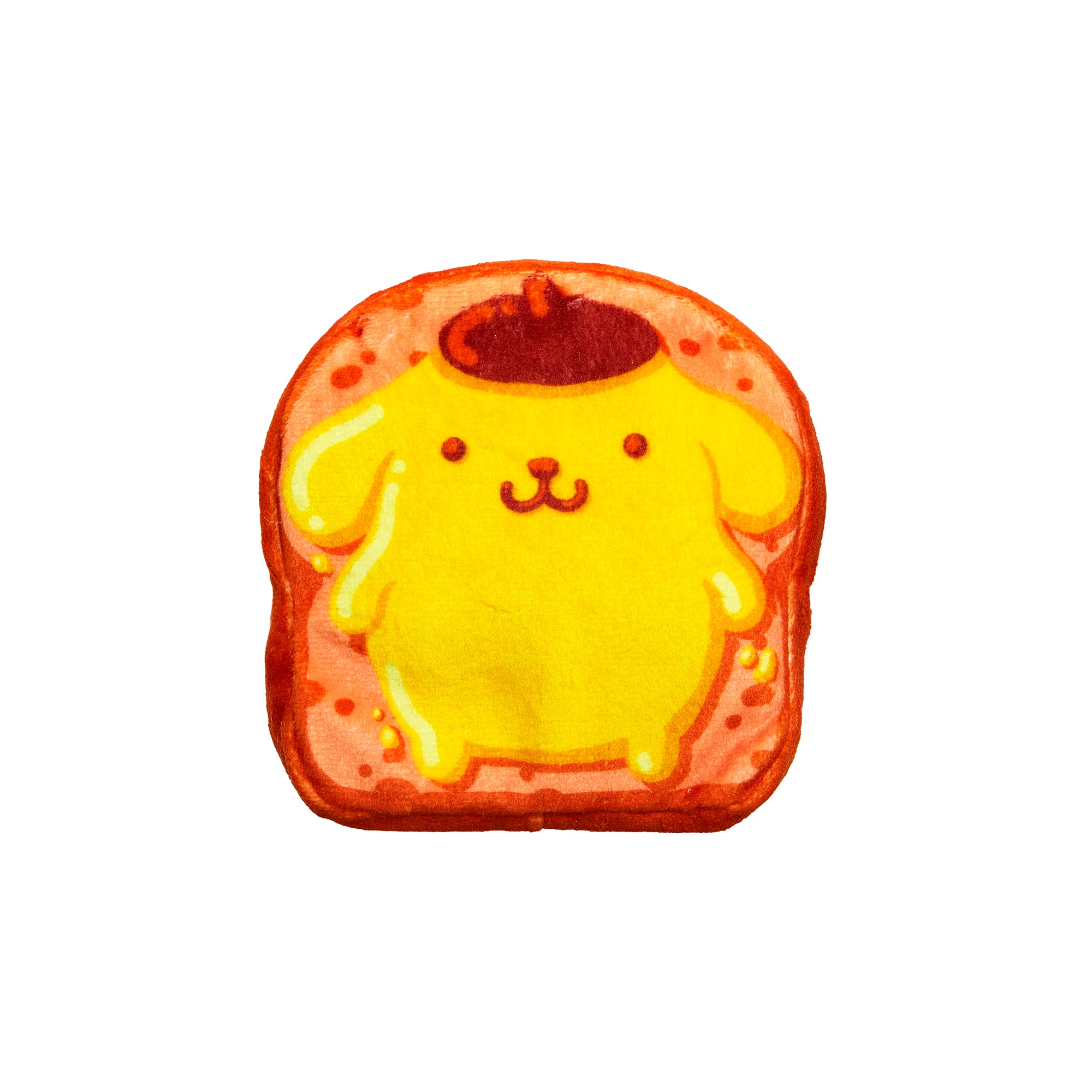 Enjoy a cute Cookeez Makery Hello Kitty & Friends Toasty Treatz featuring a yellow cartoon dog with floppy ears, shaped like toast and sporting a brown beret, lying on pink-spread bread—a fun Sanrio-inspired breakfast plush.