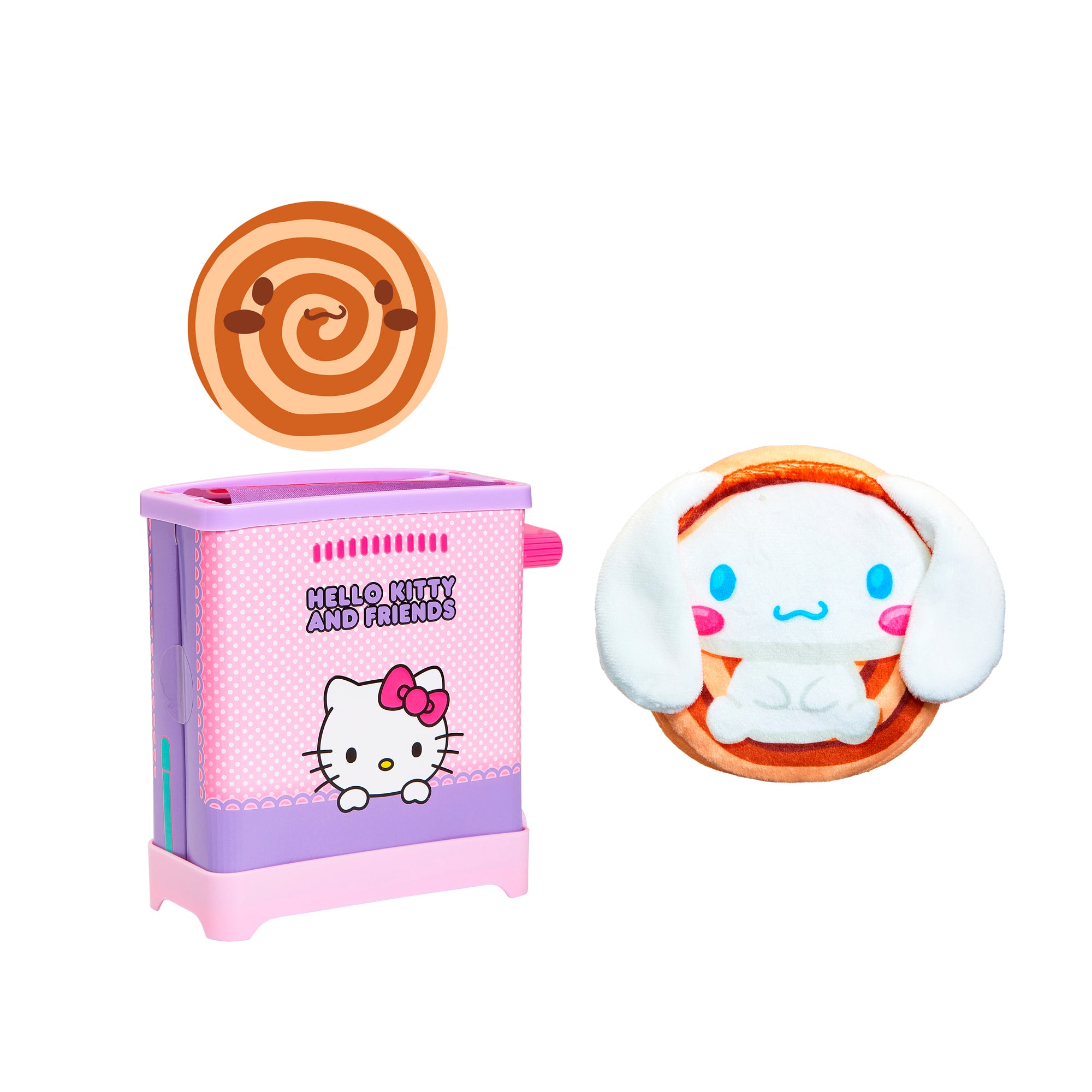 The Cookeez Makery Hello Kitty & Friends Toasty Treatz features a pink and purple toy toaster, a plush Cinnamoroll wrapped in a brown pastry beside it, and a Sanrio breakfast treat toy pastry above the toaster.