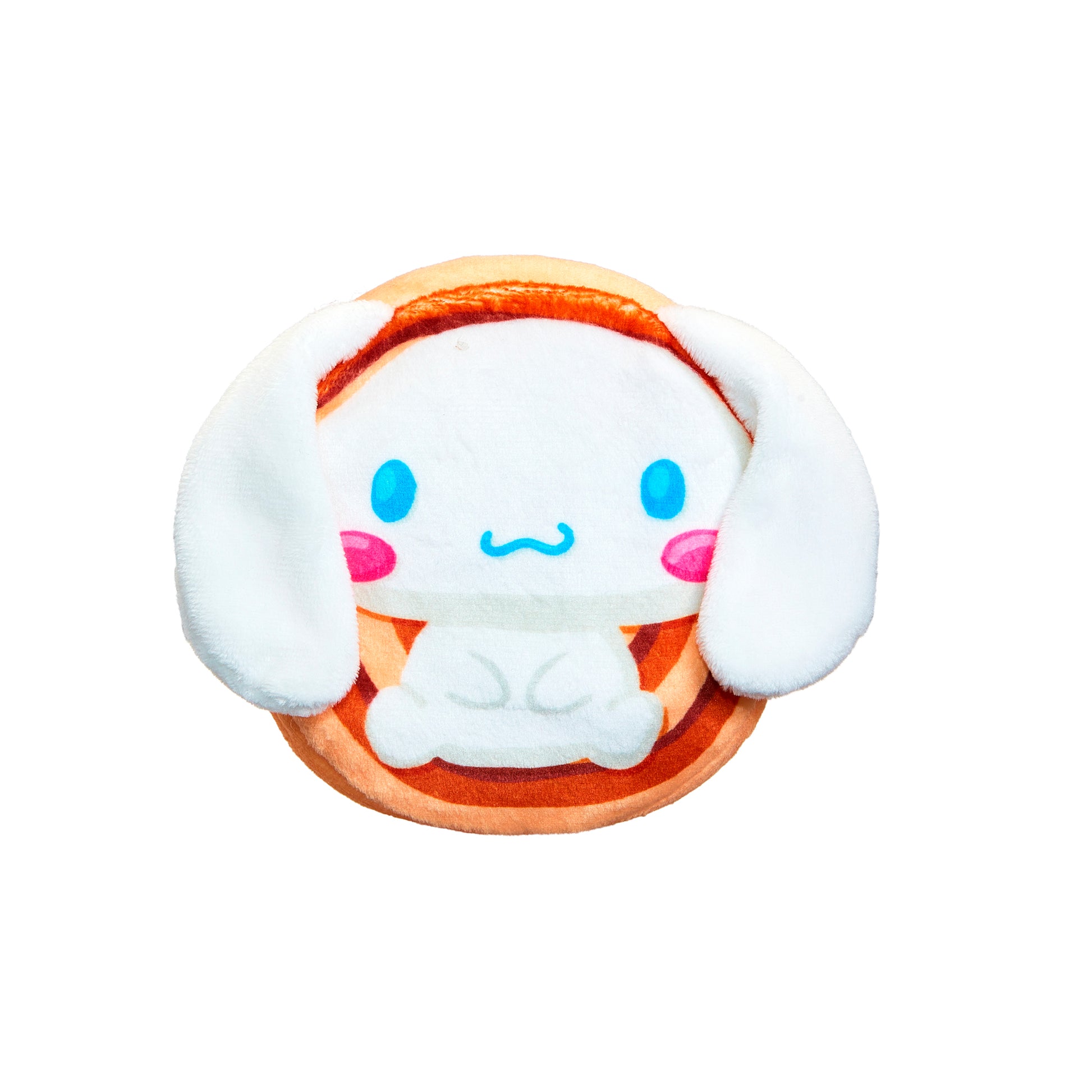 The Cookeez Makery Hello Kitty & Friends Toasty Treatz is a scented plush toy featuring a cute white bunny with long ears, blue eyes, pink cheeks, and a simple face, sitting on an orange base inspired by Sanrio breakfast treats.