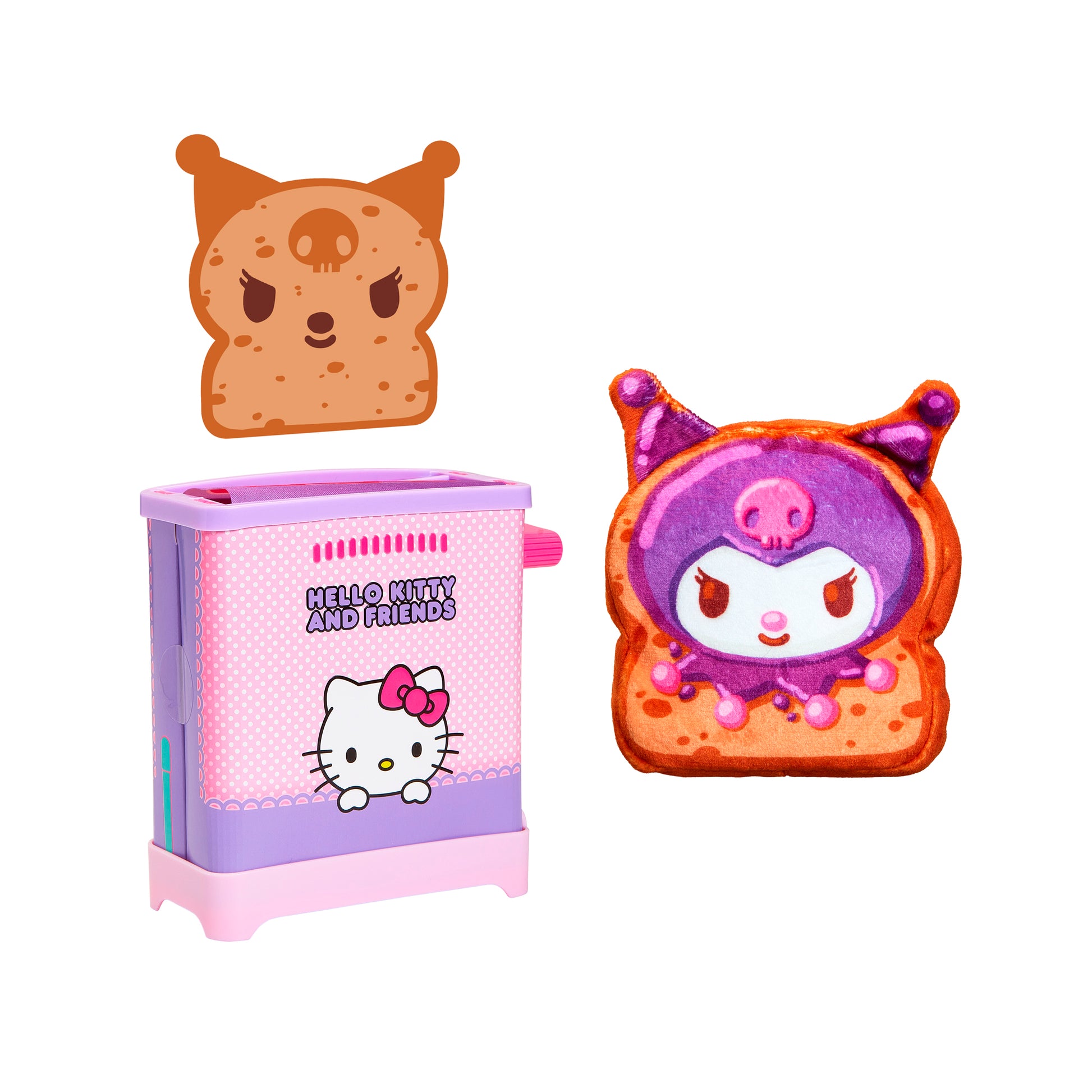 The Cookeez Makery Hello Kitty & Friends Toasty Treatz features a pink and purple kitchen toy beside two character-shaped cookies—a brown one with an angry face and an orange one with Kuromi details—making a charming Sanrio breakfast treat.