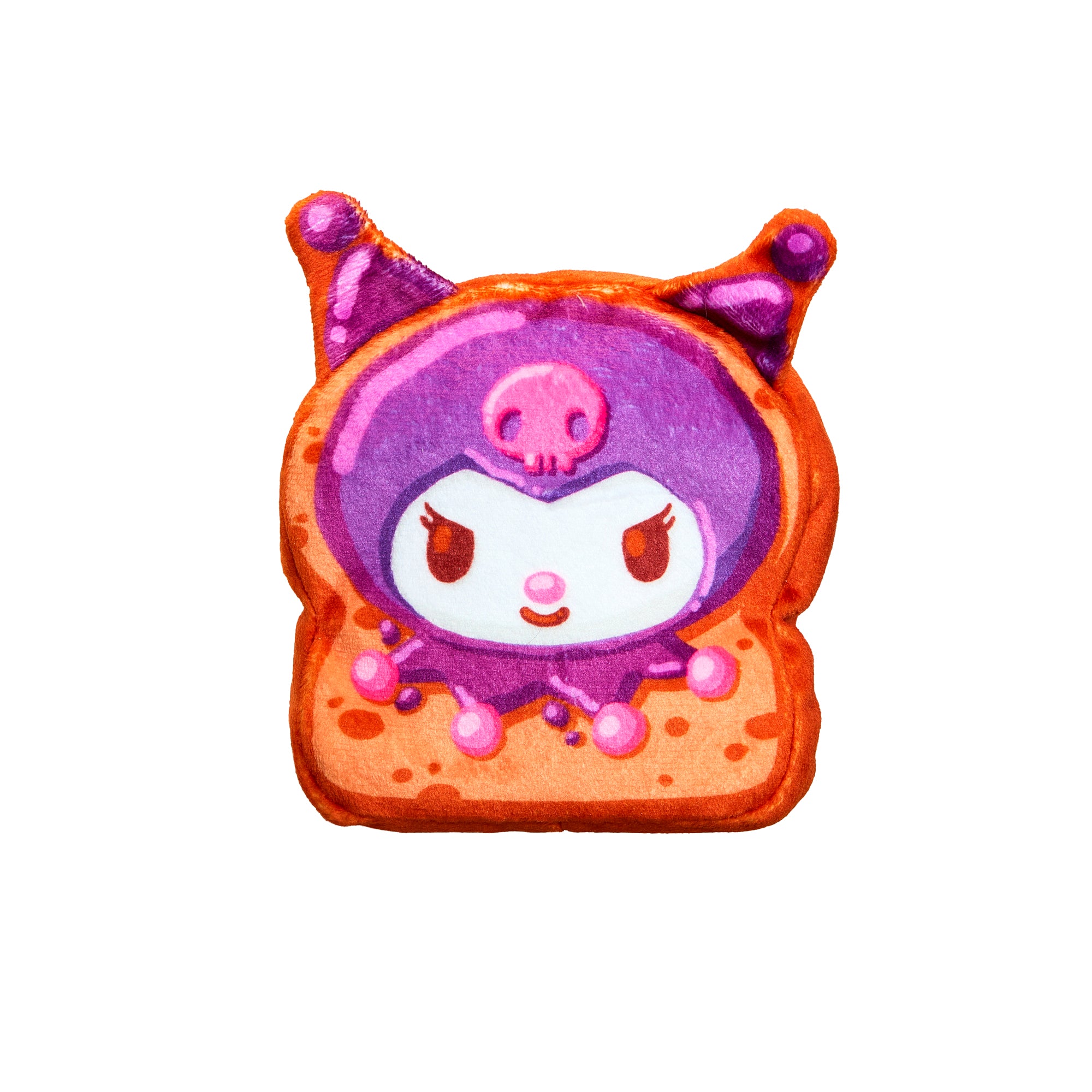A cute cartoon character from Cookeez Makery Hello Kitty & Friends Toasty Treatz, with a purple hood, pink skull emblem, and antennae, sits on an orange toast-like base with dots against a white background.