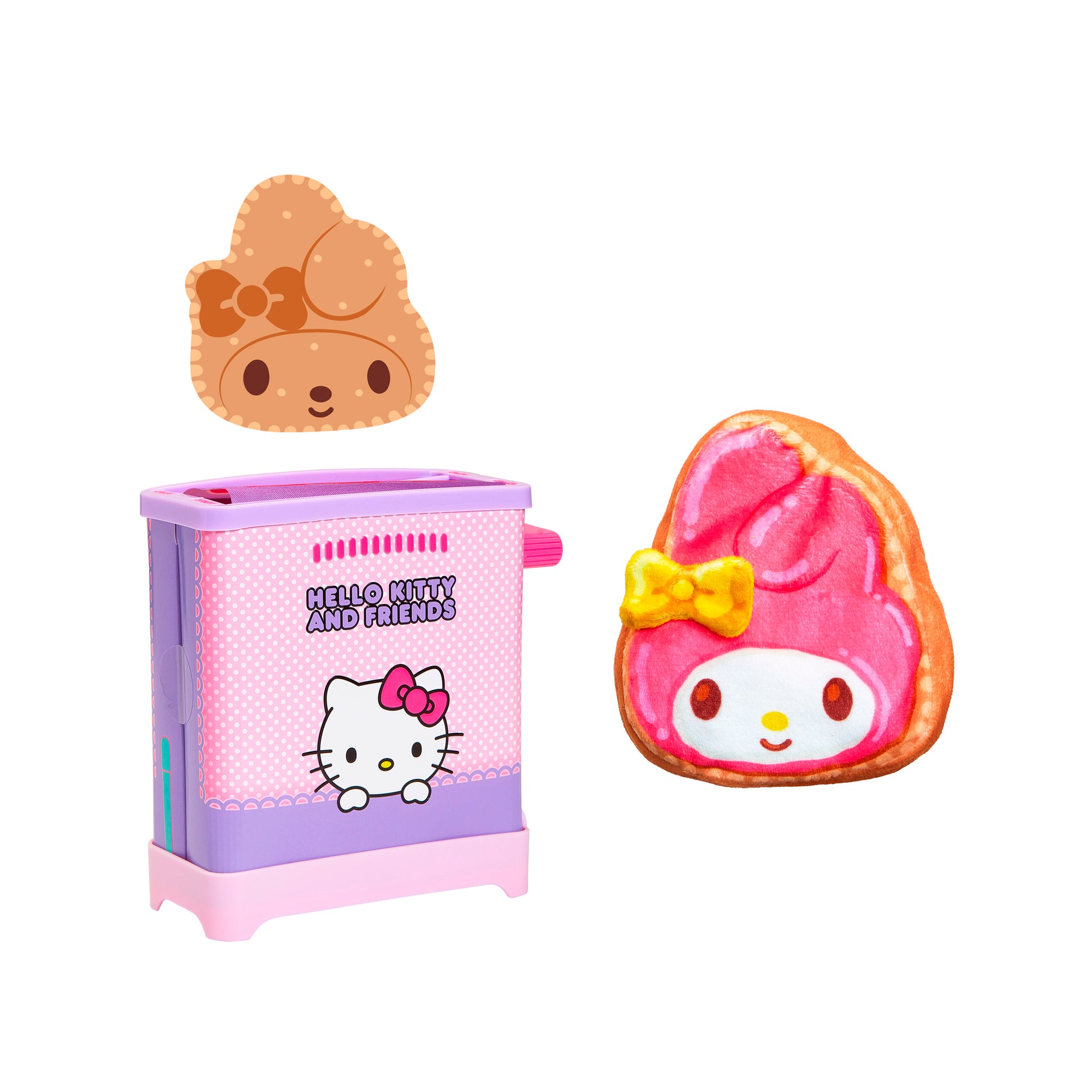 A Cookeez Makery Hello Kitty & Friends Toasty Treatz scented surprise toy, featuring Hello Kitty and two decorated Sanrio character cookies—one brown, one pink with a yellow bow.