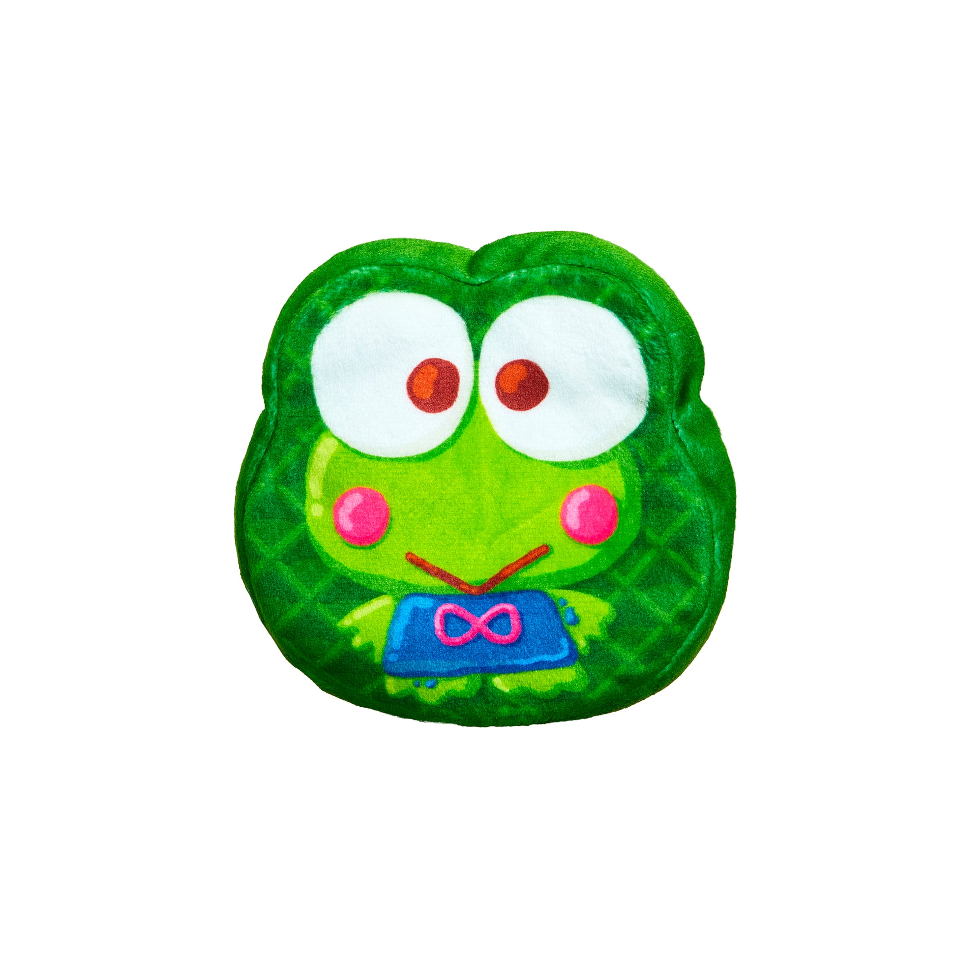 The Cookeez Makery Hello Kitty & Friends Toasty Treatz is a plush pillow shaped like a green cartoon frog’s face with big eyes, pink cheeks, a blue bowtie, and a smile—perfect for Hello Kitty fans.