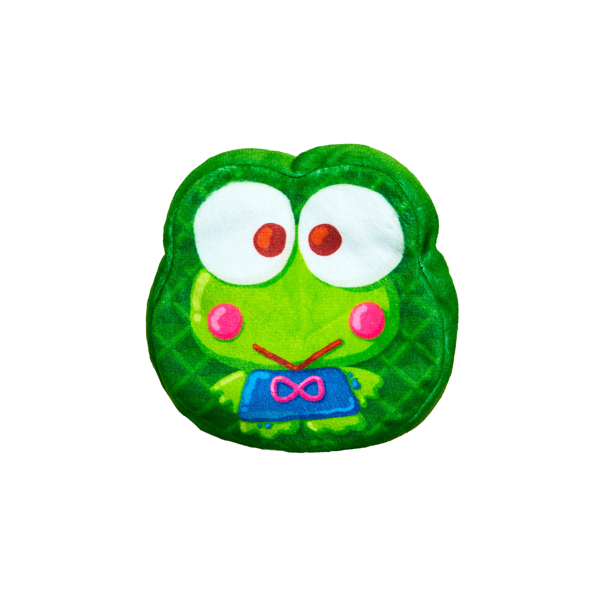 The Cookeez Makery Hello Kitty & Friends Toasty Treatz is a plush pillow shaped like a green cartoon frog’s face with big eyes, pink cheeks, a blue bowtie, and a smile—perfect for Hello Kitty fans.