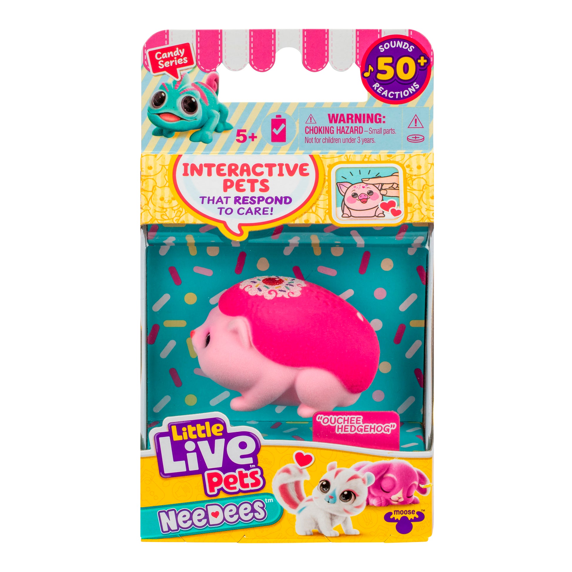 Little Live Pets NeeDees packaging of "Ouchee Hedgehog"