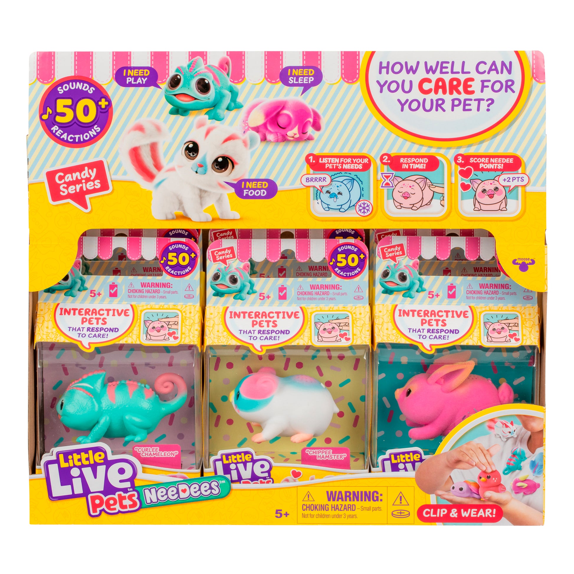 Colorful retail display of Little Live Pets Needees Single Pack toys, each featuring 50+ sounds, reactions, and care tasks. Suitable for ages 5+, these interactive wearable pets are collectible characters for endless fun!.