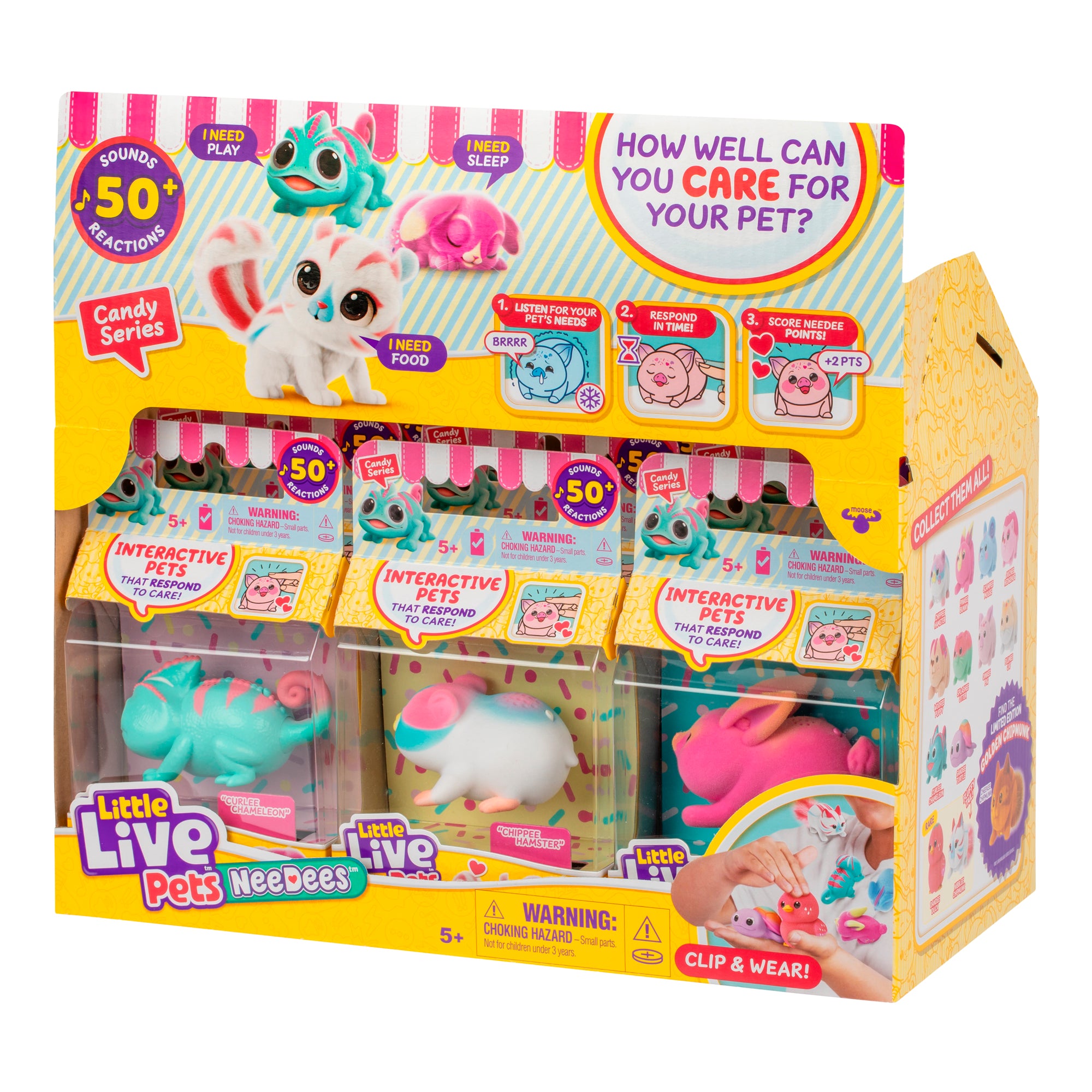 The Little Live Pets Needees Single Pack comes in clear packaging, featuring one interactive wearable pet with over 50 sounds and reactions. The display showcases the collectible character’s fun and interactivity.