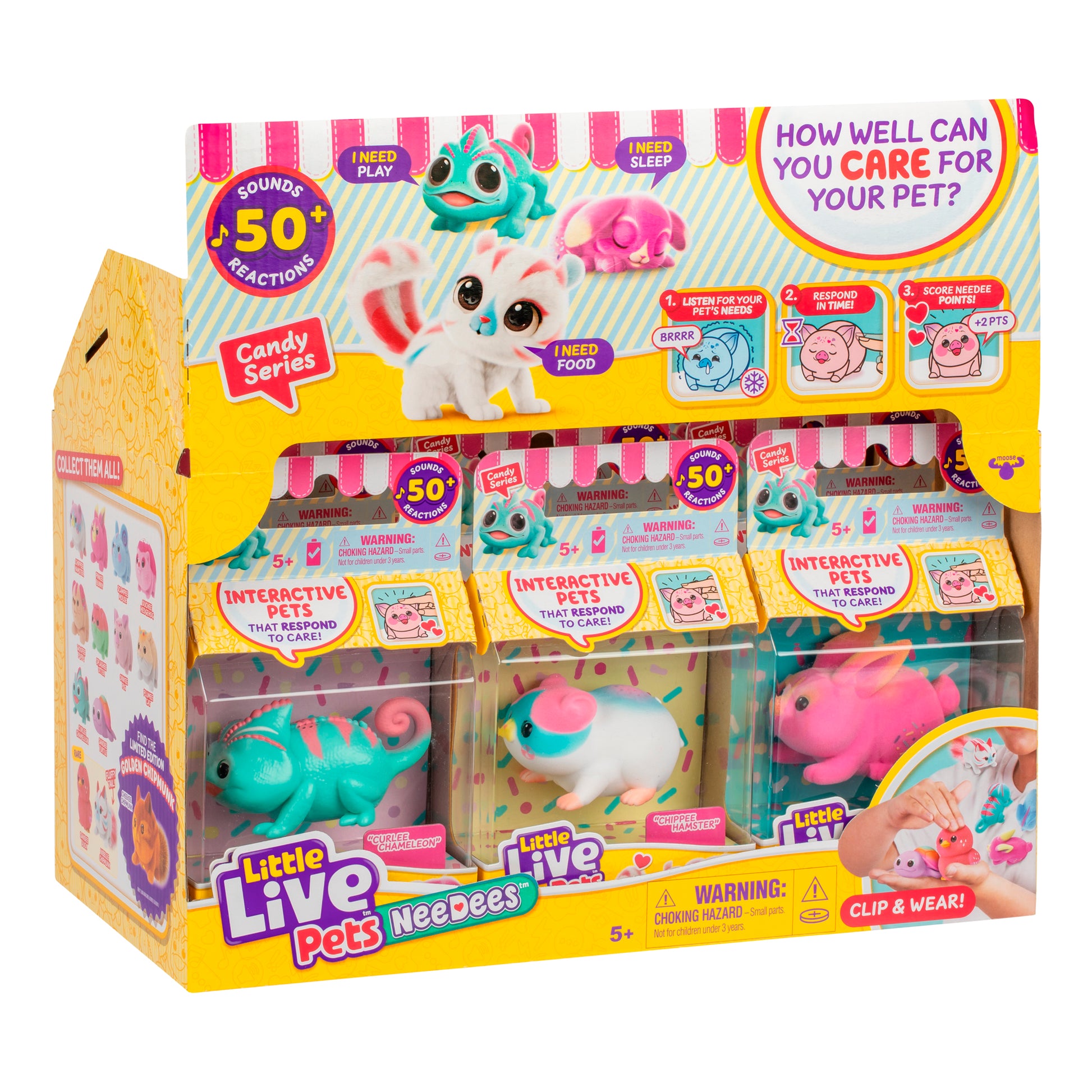 The Little Live Pets Needees Single Pack includes a colorful collectible animal figure in a clear compartment, featuring playful graphics and the question, "How well can you care for your pet?" For ages 5 and up.