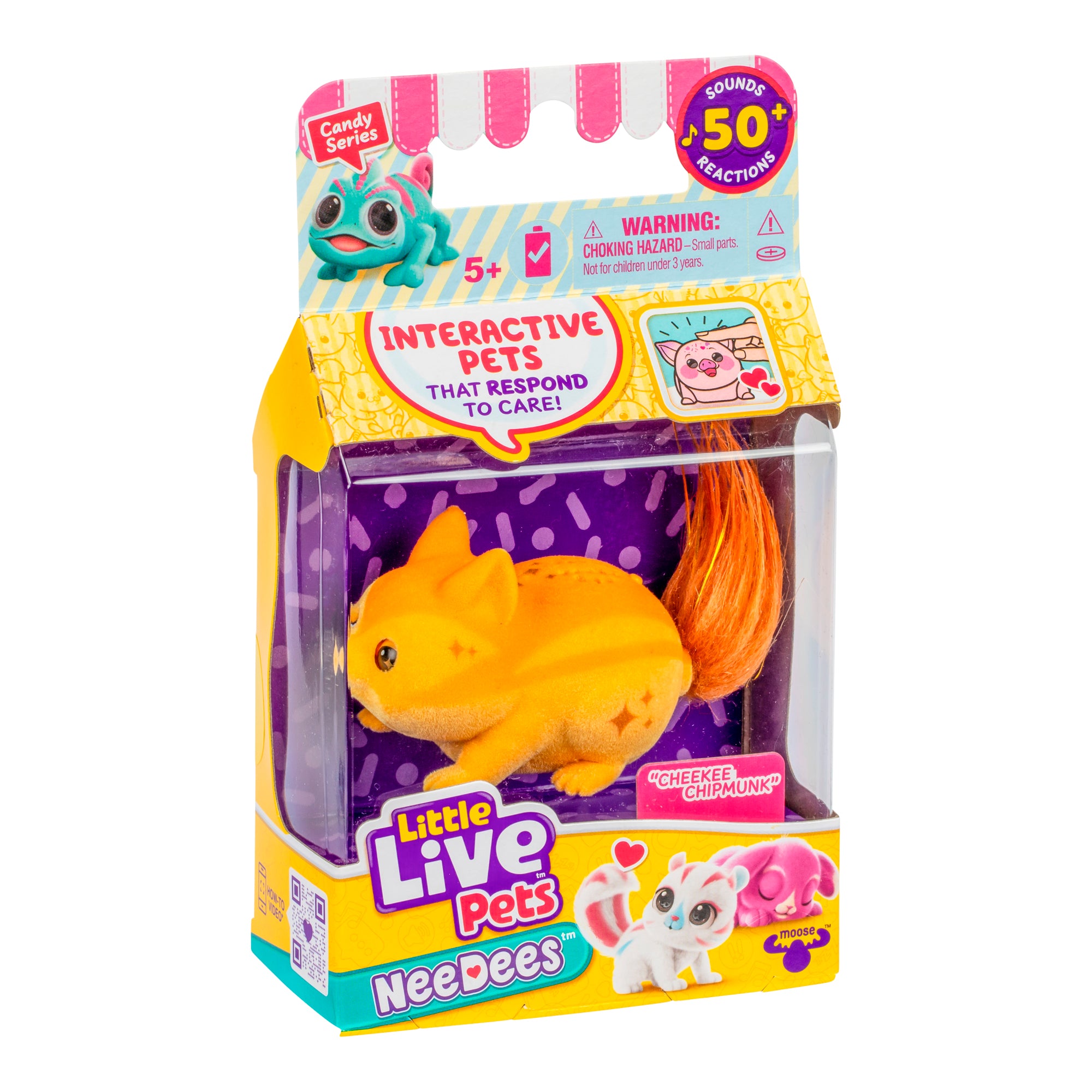 The Little Live Pets Needees Single Pack features an orange interactive chipmunk with a fluffy tail. The box showcases collectible characters, fun sounds, playful reactions, and bright branding for kids aged 5 and up.