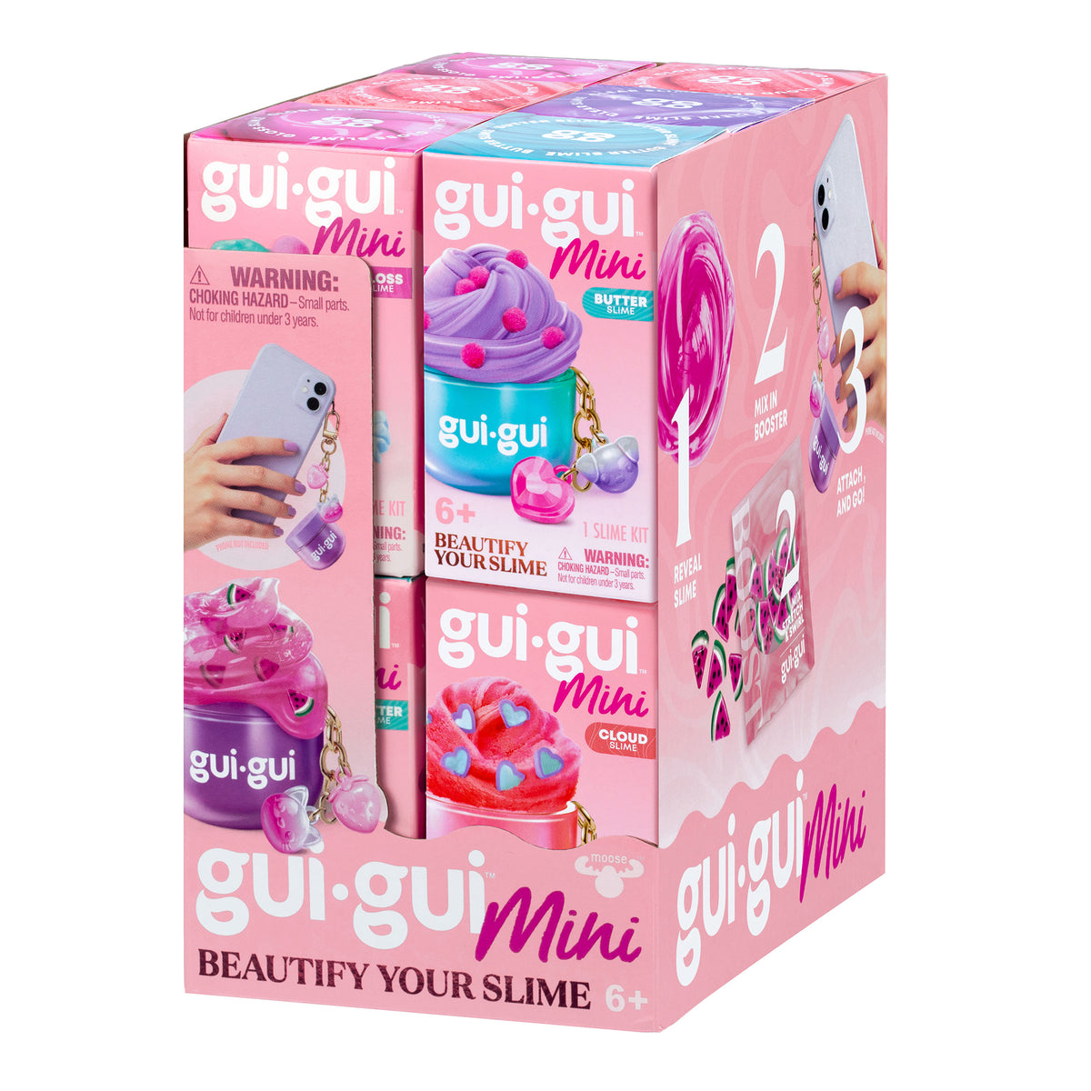The Moose Toys Gui Gui Minis Backpack Charm Slimes retail display box features colorful mini collectible slimes and keychain charms in pink and purple packaging that says “Beautify Your Slime.” For ages 6+.