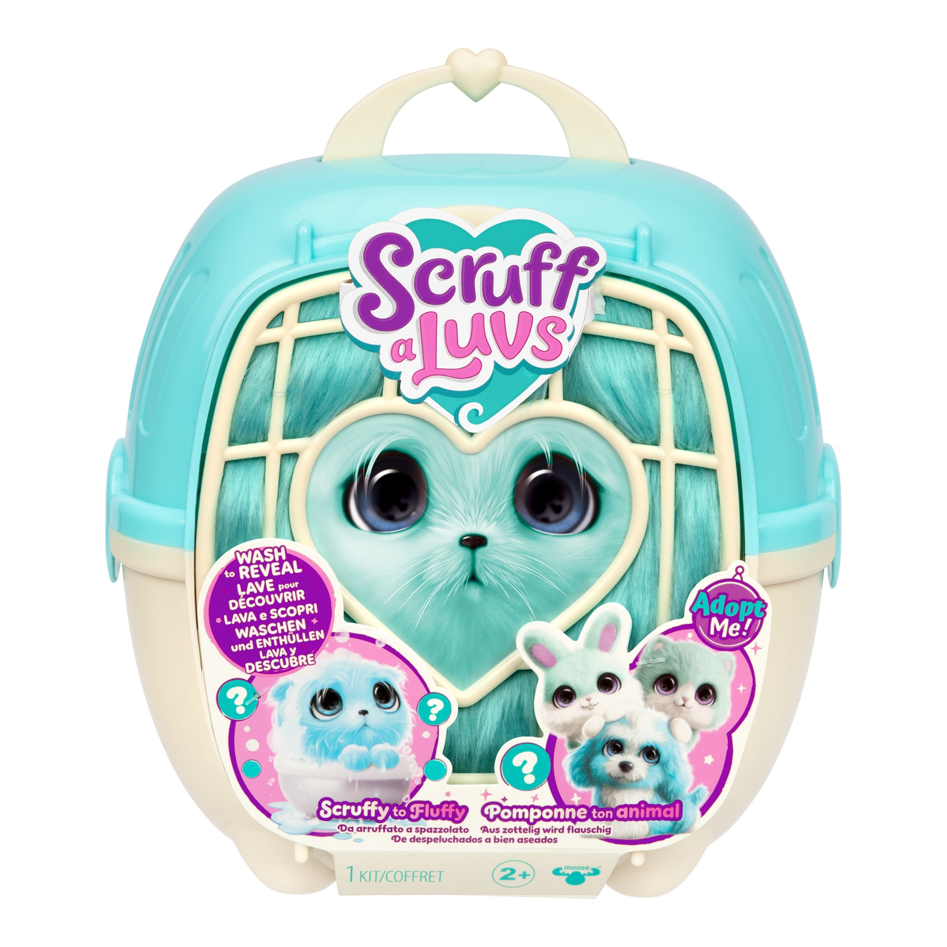 The Scruff A Luvs Single Pet Assortment by Moose Toys comes in a light blue and cream carrier with a heart-shaped window showing a blue mystery pet. The packaging displays plush animal illustrations and colorful branding.