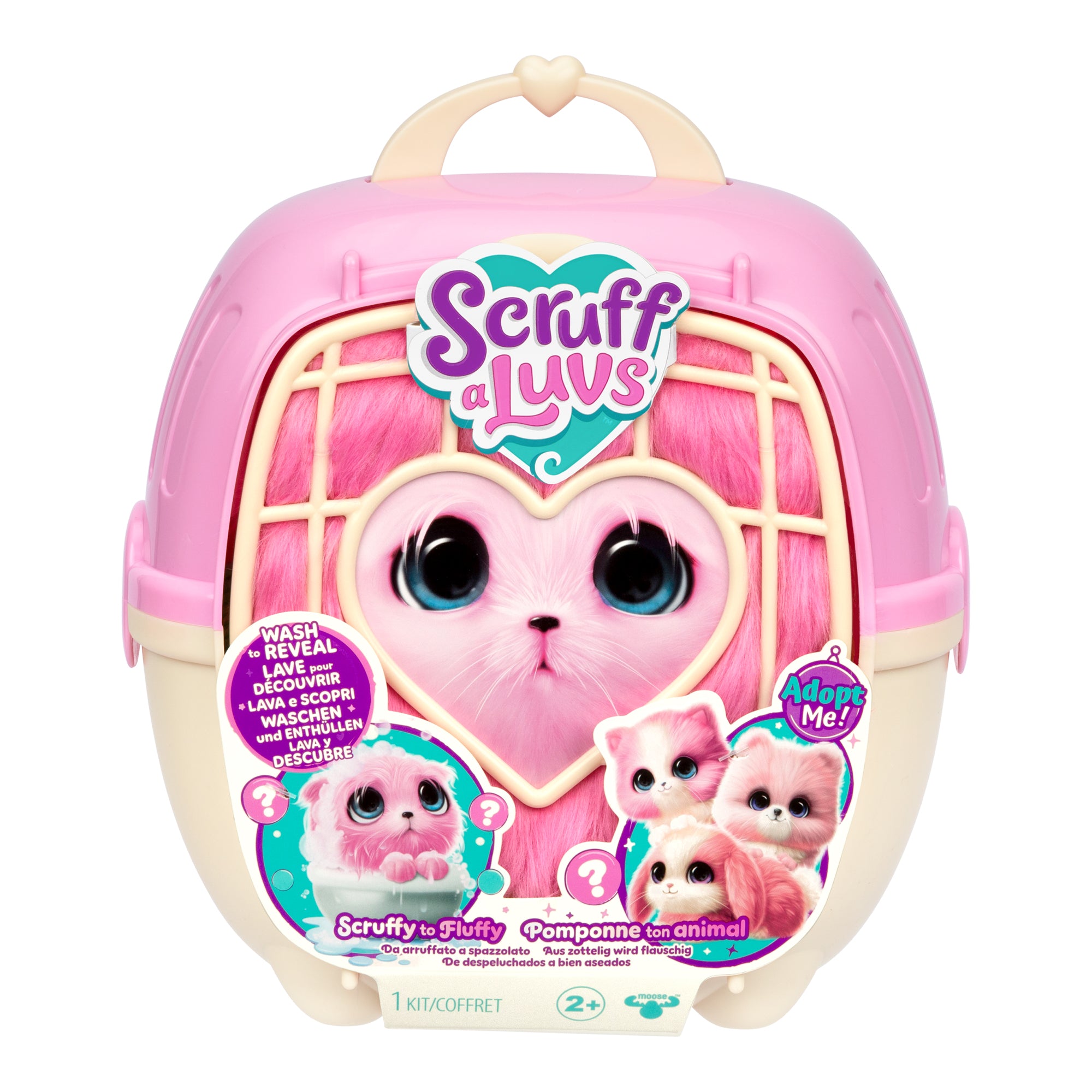 The Scruff A Luvs Single Pet Assortment by Moose Toys includes a pink and cream plastic carrier with a heart-shaped window, colorful branding, fluffy animal images, and bold “Adopt Me!” text hinting at the mystery rescue pet inside.