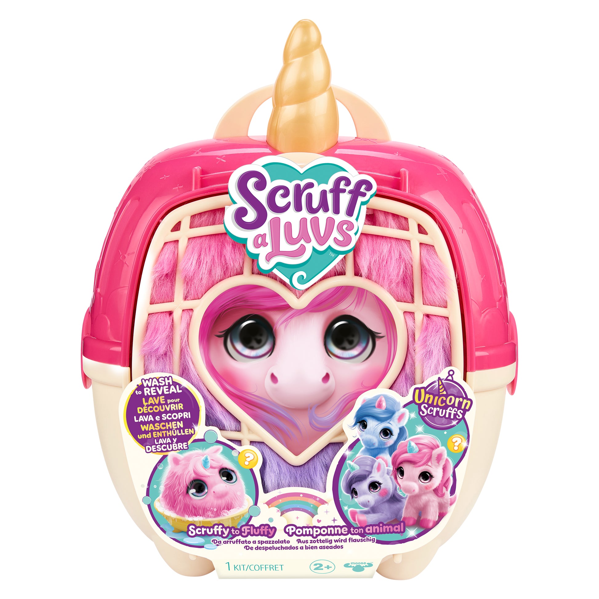 The ScruffaLuvs S3 Unicorn by Moose Toys comes in a pink and gold unicorn-shaped carrier with a heart window displaying the plush unicorn face inside, plus colorful illustrations and product info on the package.