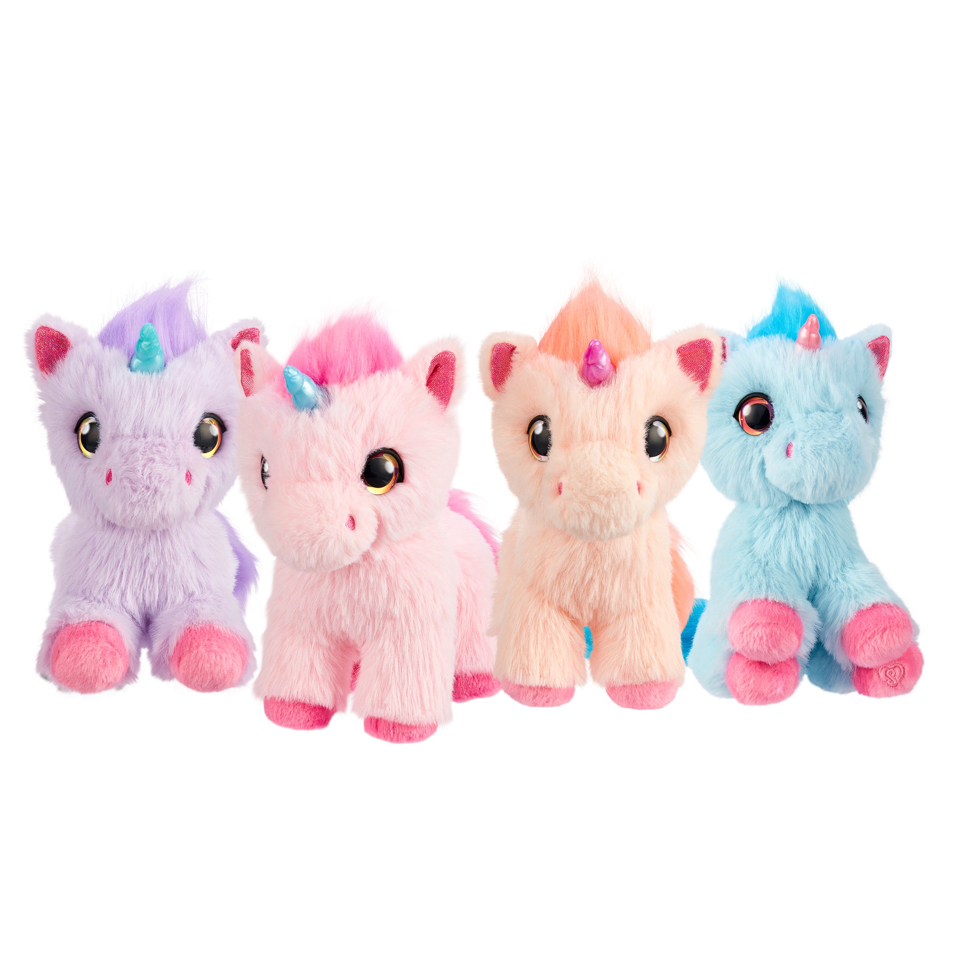 Four ScruffaLuvs S3 Unicorn plush toys from Moose Toys—purple, pink, peach, and blue—sit side by side. Each has shiny eyes, a small horn, colorful mane and hooves for an irresistibly cute and whimsical look.
