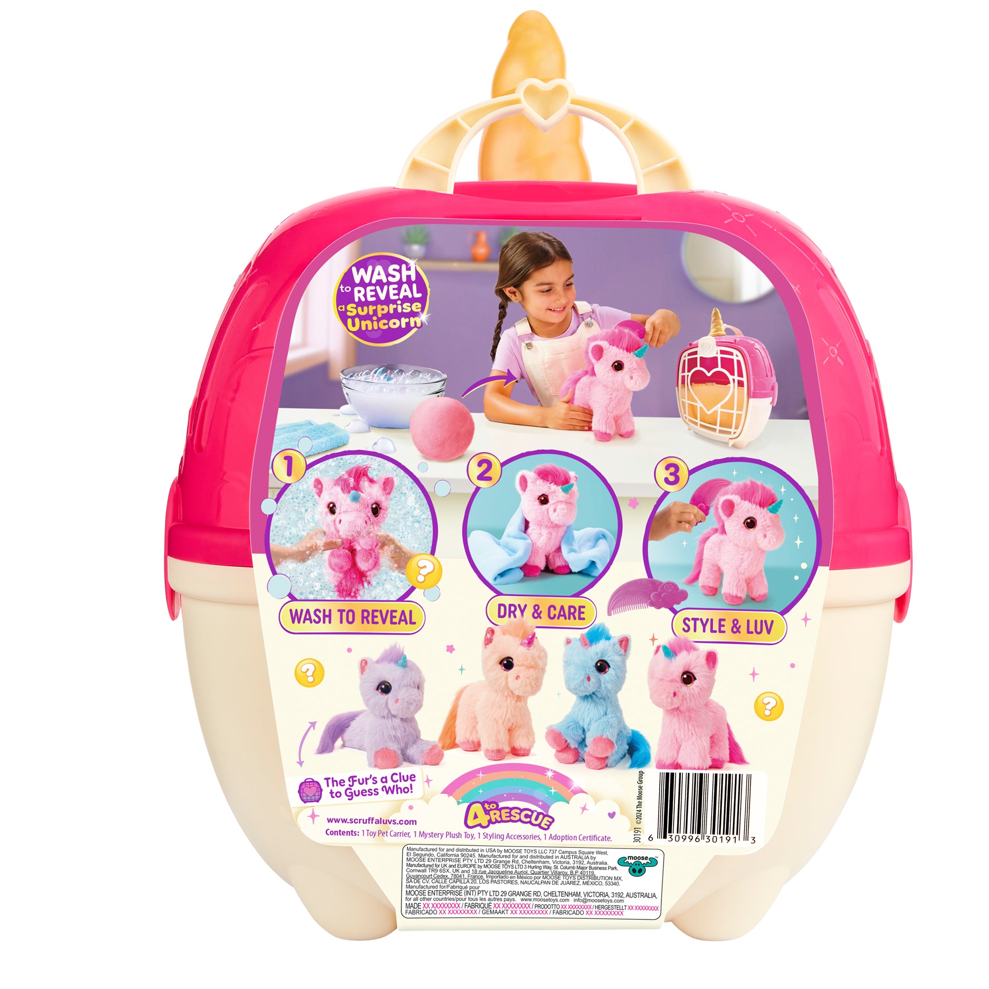 The back of the ScruffaLuvs S3 Unicorn package from Moose Toys shows a pink and cream carrier, instructions, photos of the unicorn plush toy, and graphics demonstrating how to wash, dry, and style it. Child and unicorn images decorate the packaging.