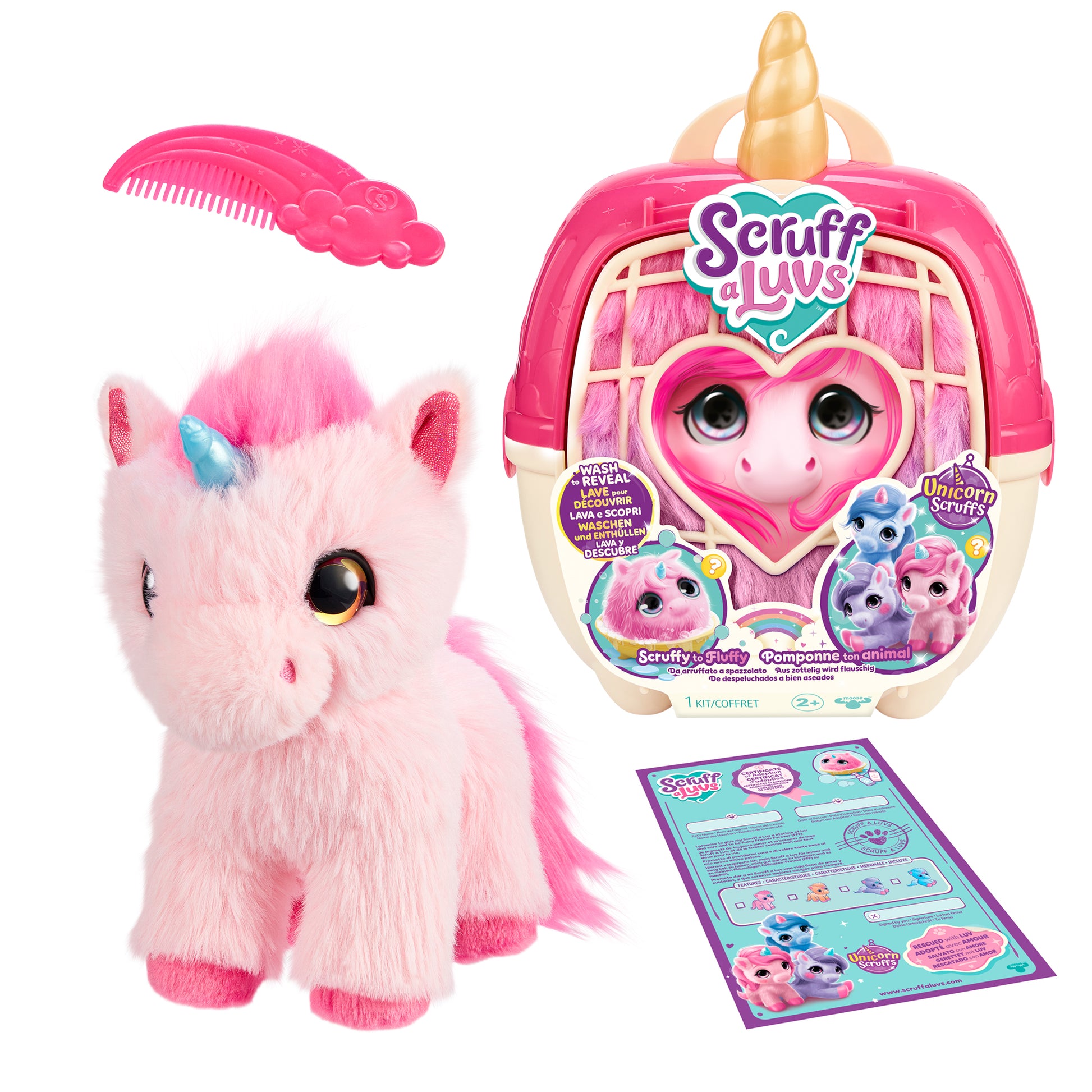 The ScruffaLuvs S3 Unicorn by Moose Toys includes a pink unicorn plush with a blue horn, a pink and yellow carrying case featuring a unicorn face, plus a pink comb and instructions for magical unicorn fun.