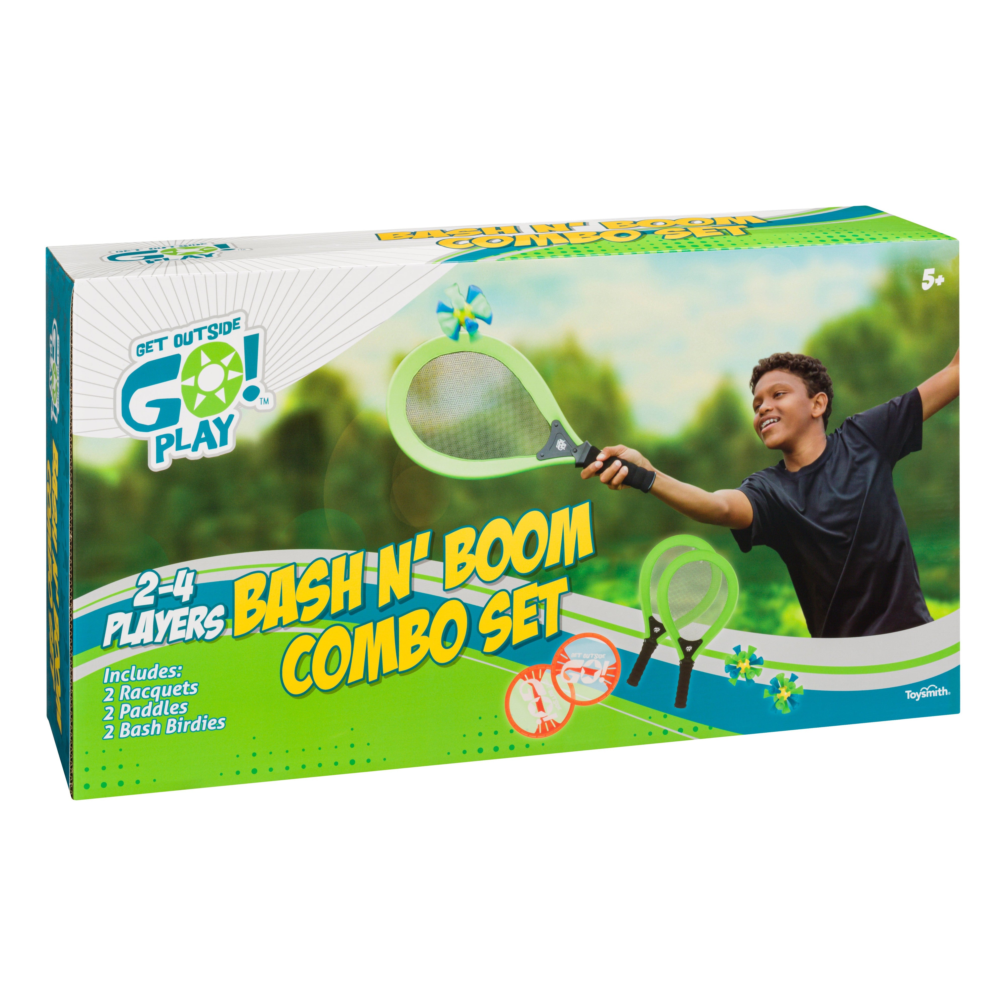 A box for the GO! Play Promo ($1,071.60 Retail Value) shows a smiling child swinging a racket outdoors. This set from GO! Play is for 2–4 players and includes 2 racquets, 2 paddles, and 2 birdies. For ages 5+.