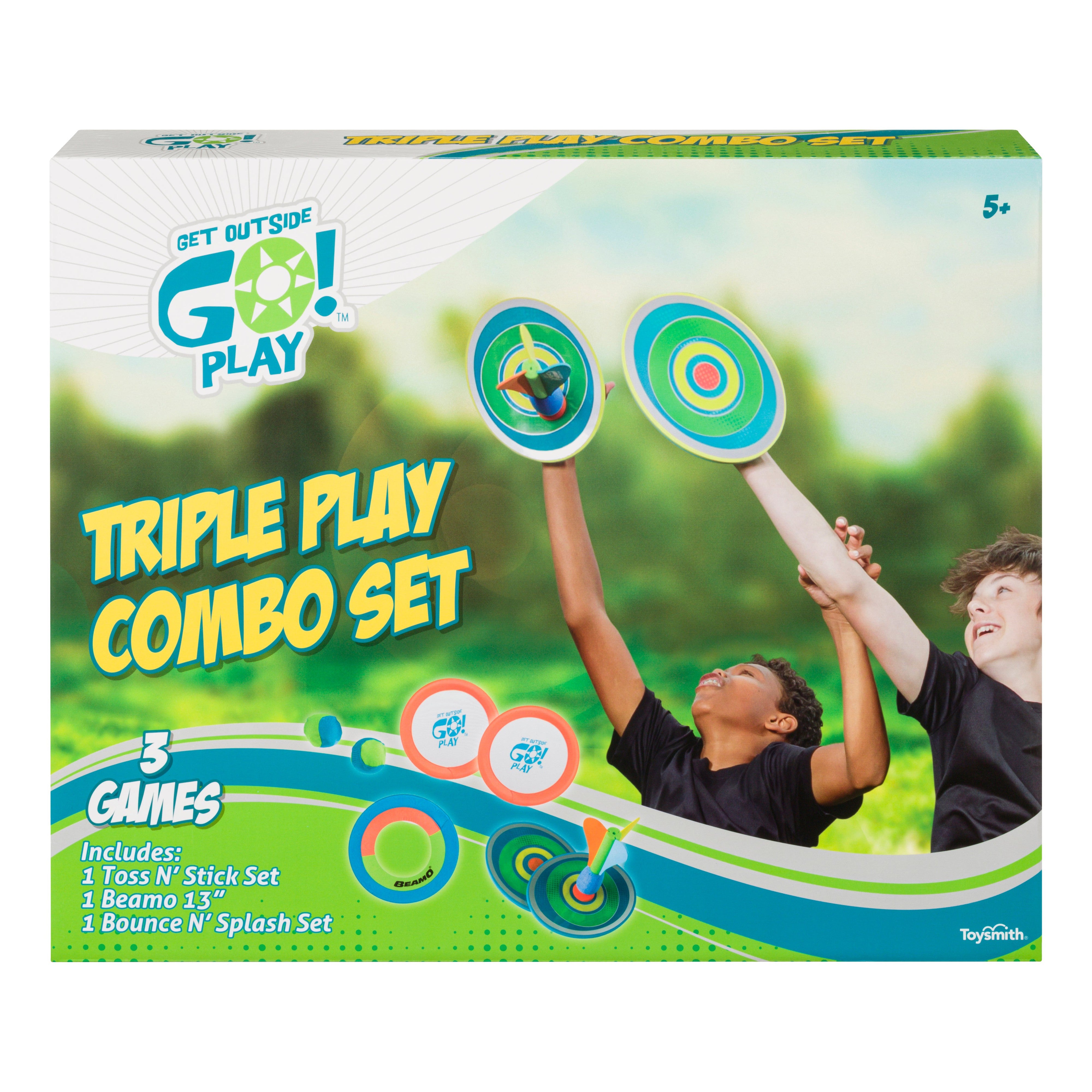 Two kids have backyard fun with a GO! Play Promo game set. The packaging says GO! Play Promo ($1,071.60 Retail Value) for ages 5+ and displays images of three included active-play games in green and blue.